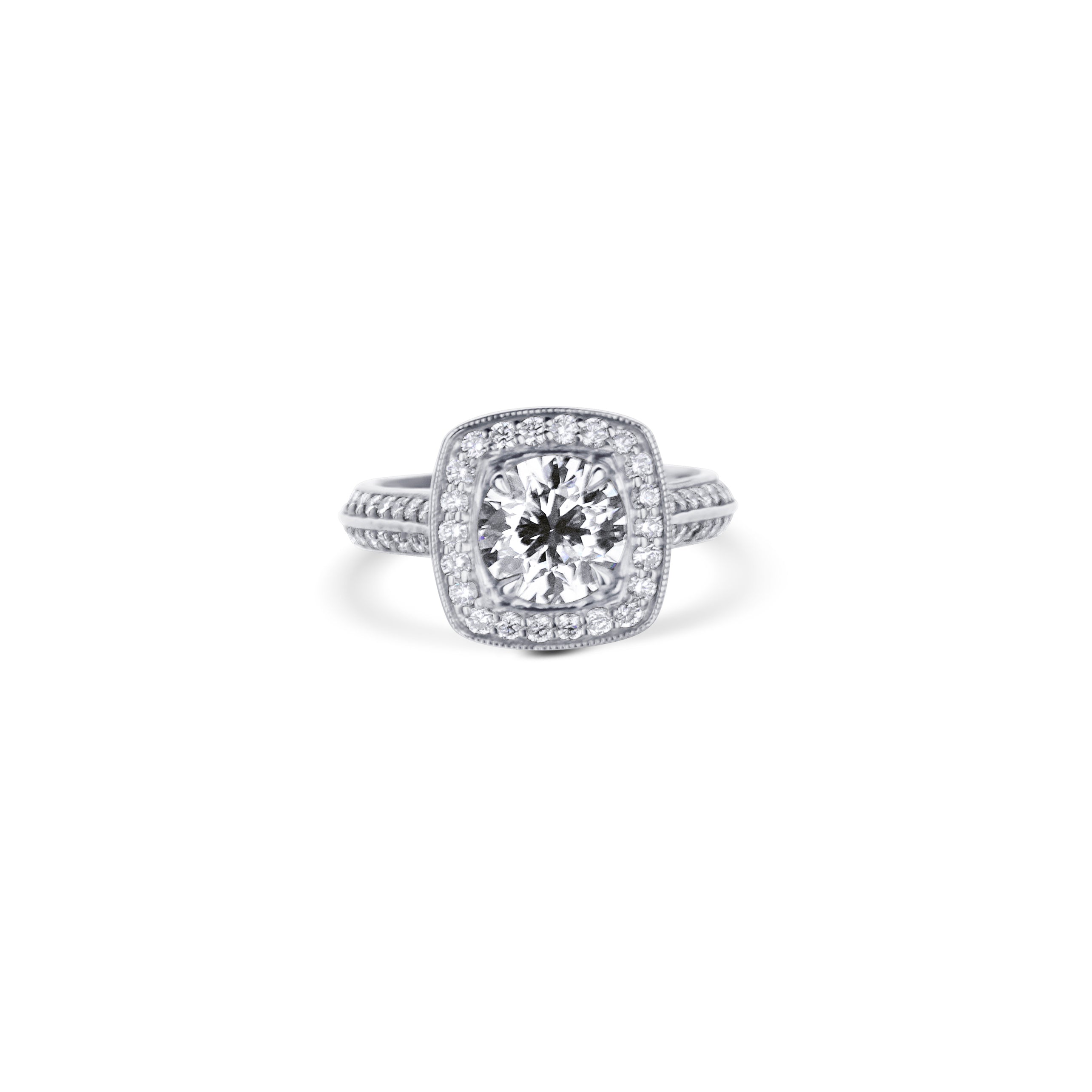 Platinum Round Brilliant Euro Cut Knife Edge Halo Engagement Ring