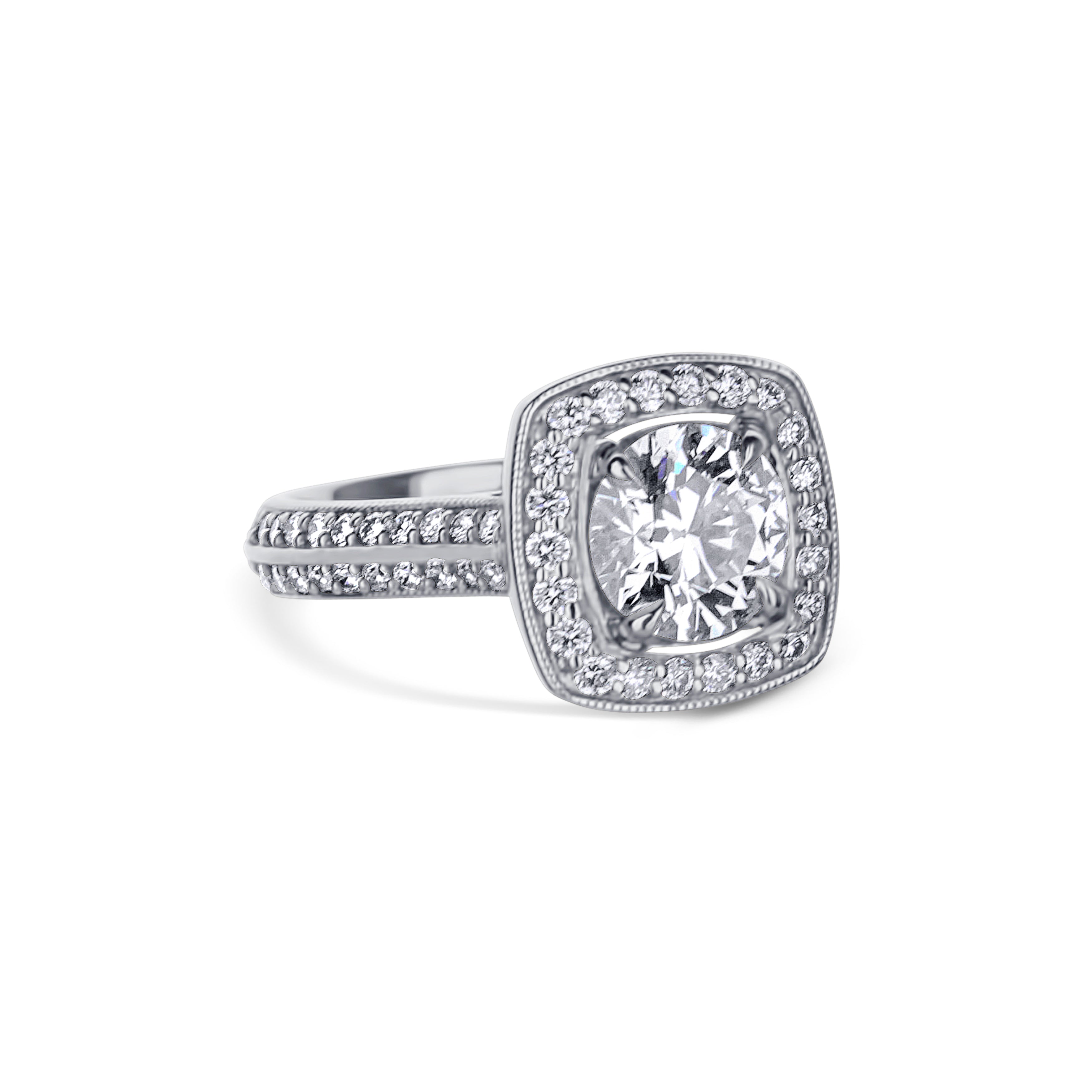 Platinum Round Brilliant Euro Cut Knife Edge Halo Engagement Ring