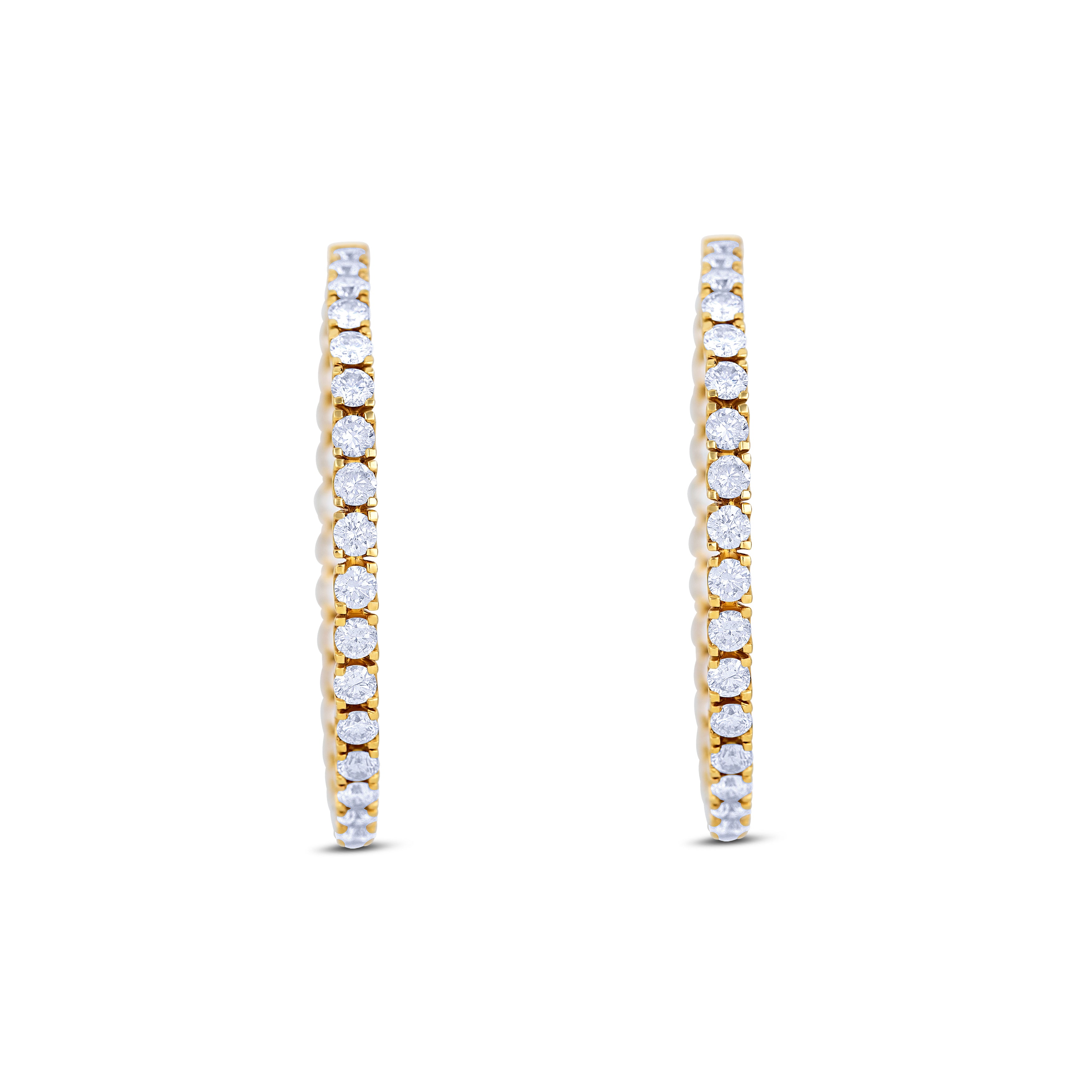 18K Yellow Gold Round Cut Diamonds Four Prong Set Inside Out Style Diamond Hoop Earrings