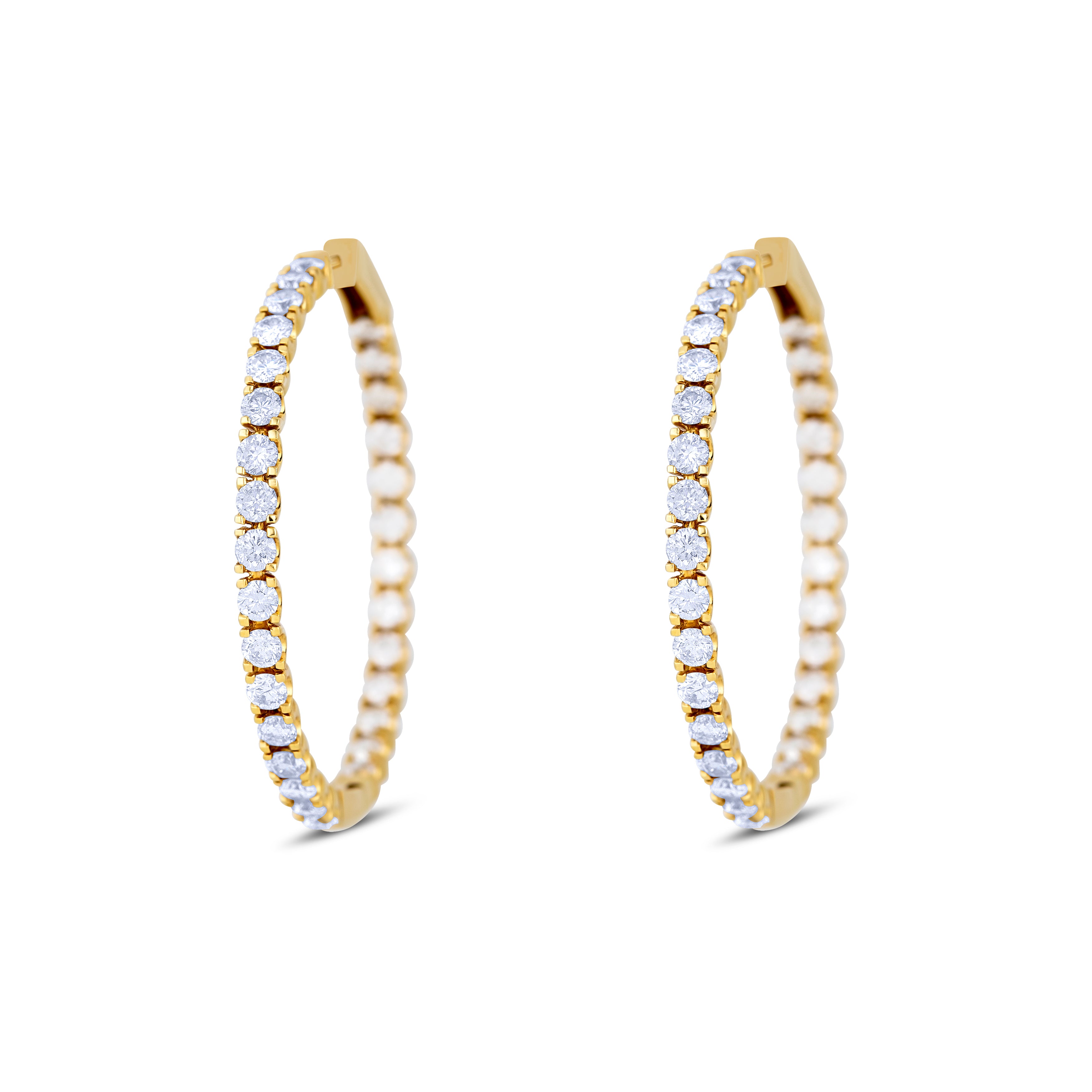 18K Yellow Gold Round Cut Diamonds Four Prong Set Inside Out Style Diamond Hoop Earrings