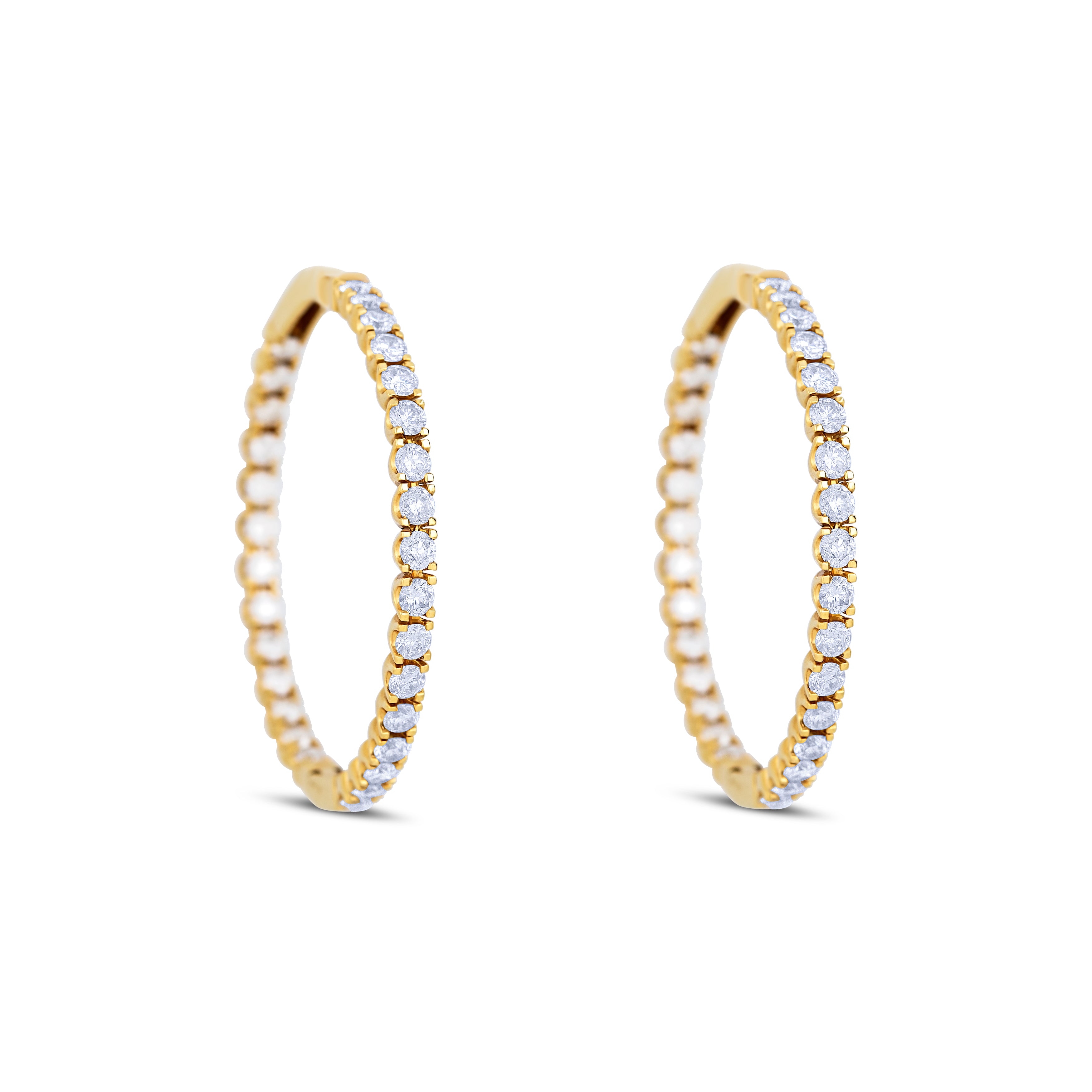 18K Yellow Gold Round Cut Diamonds Four Prong Set Inside Out Style Diamond Hoop Earrings