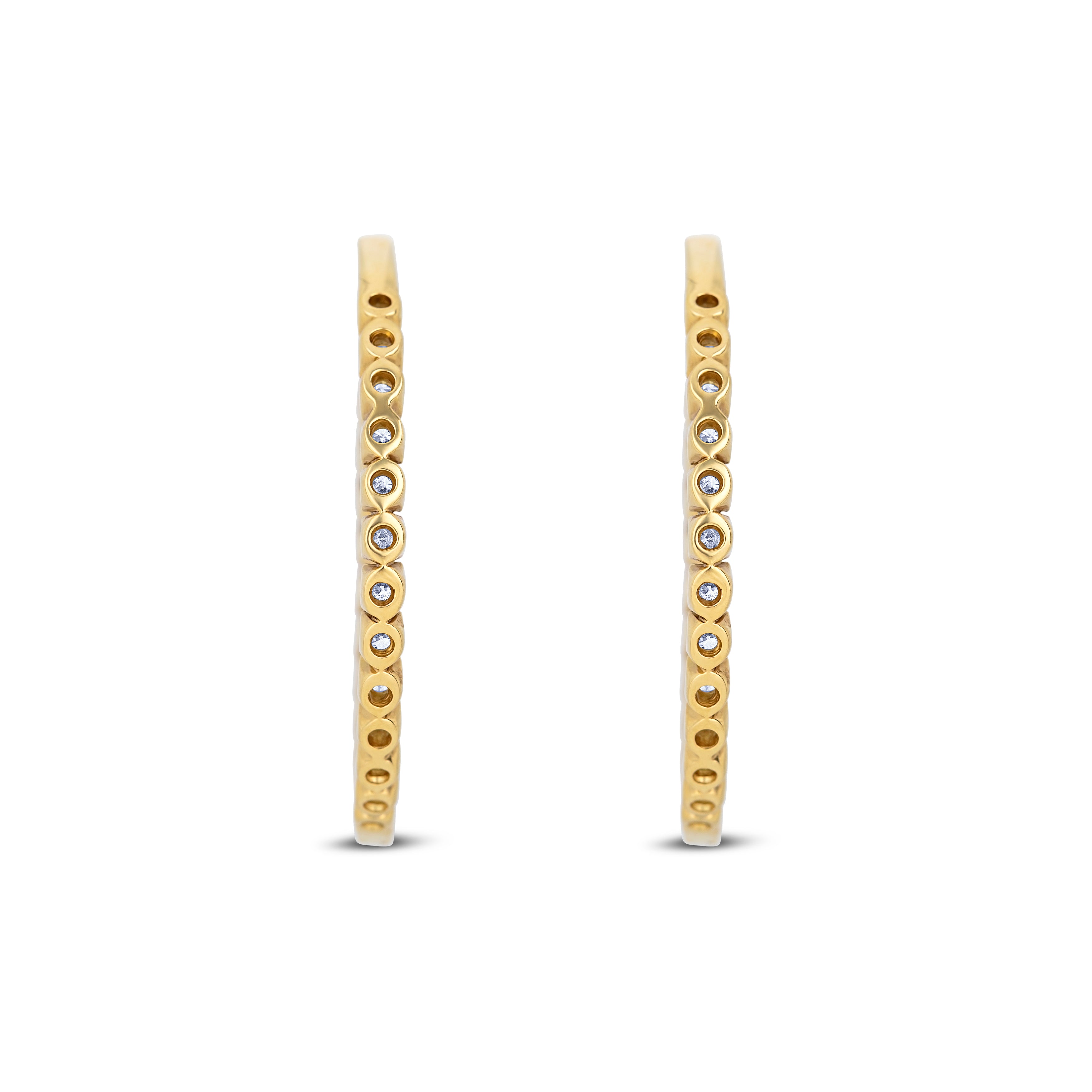 18K Yellow Gold Round Cut Diamonds Four Prong Set Inside Out Style Diamond Hoop Earrings
