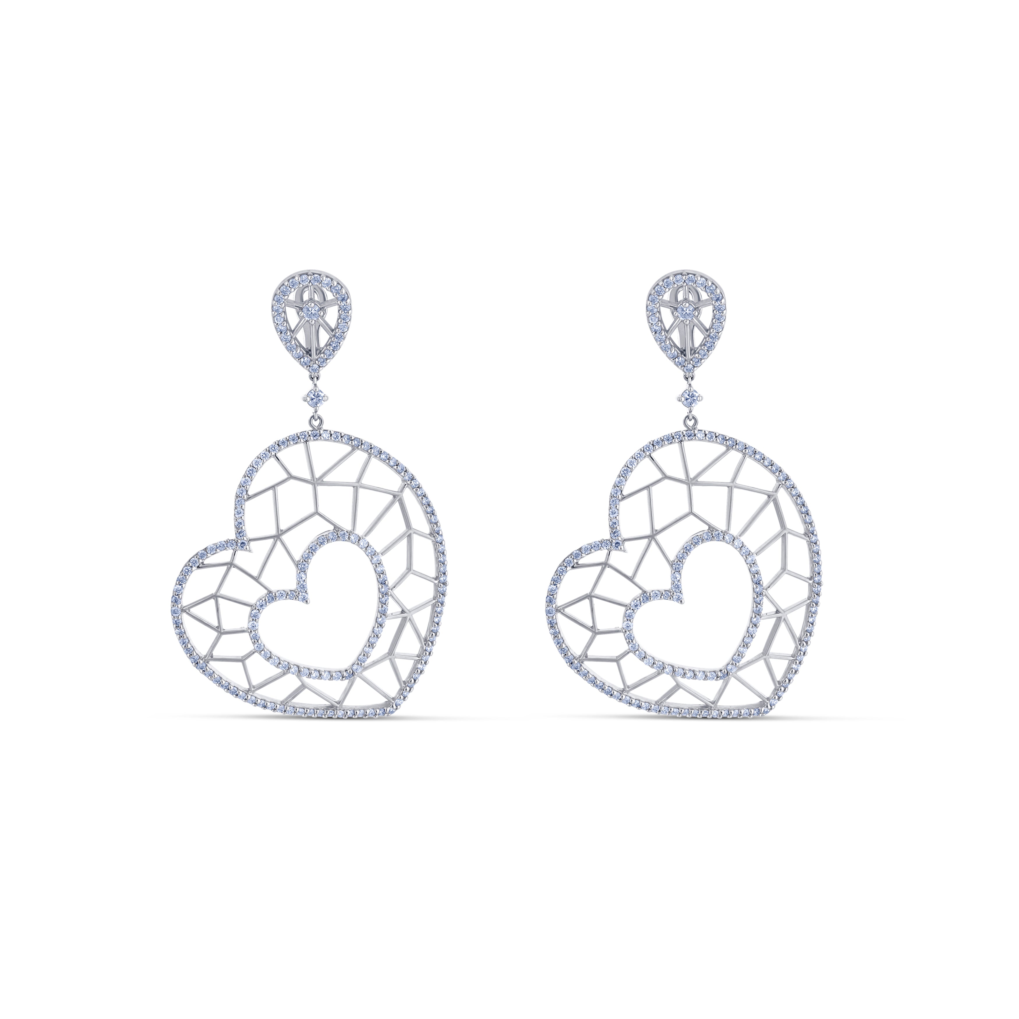 14K White Gold Pavé Diamond Heart Dangle Earrings