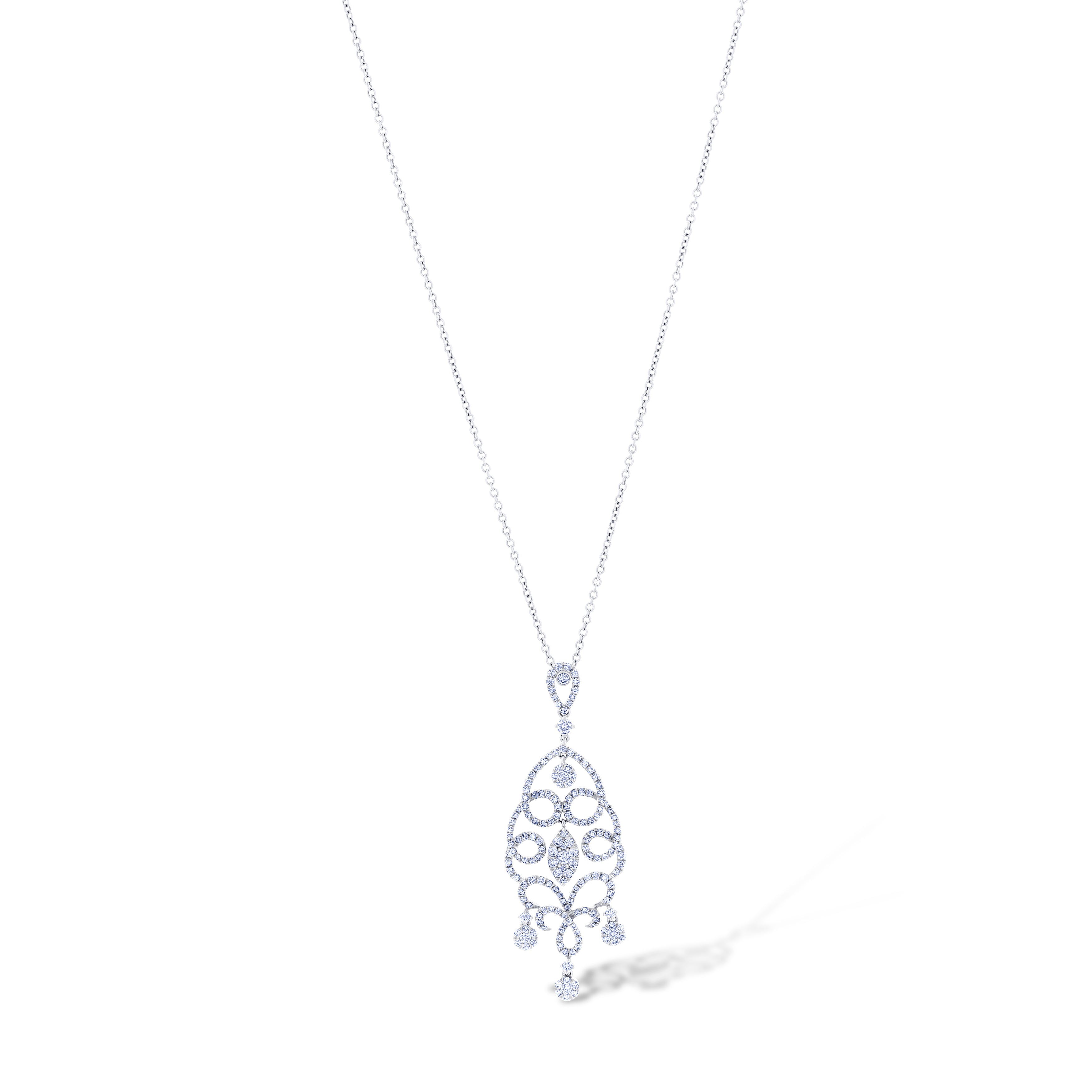 18K White Gold Pave Drop Pendant with Cluster Dangle Necklace