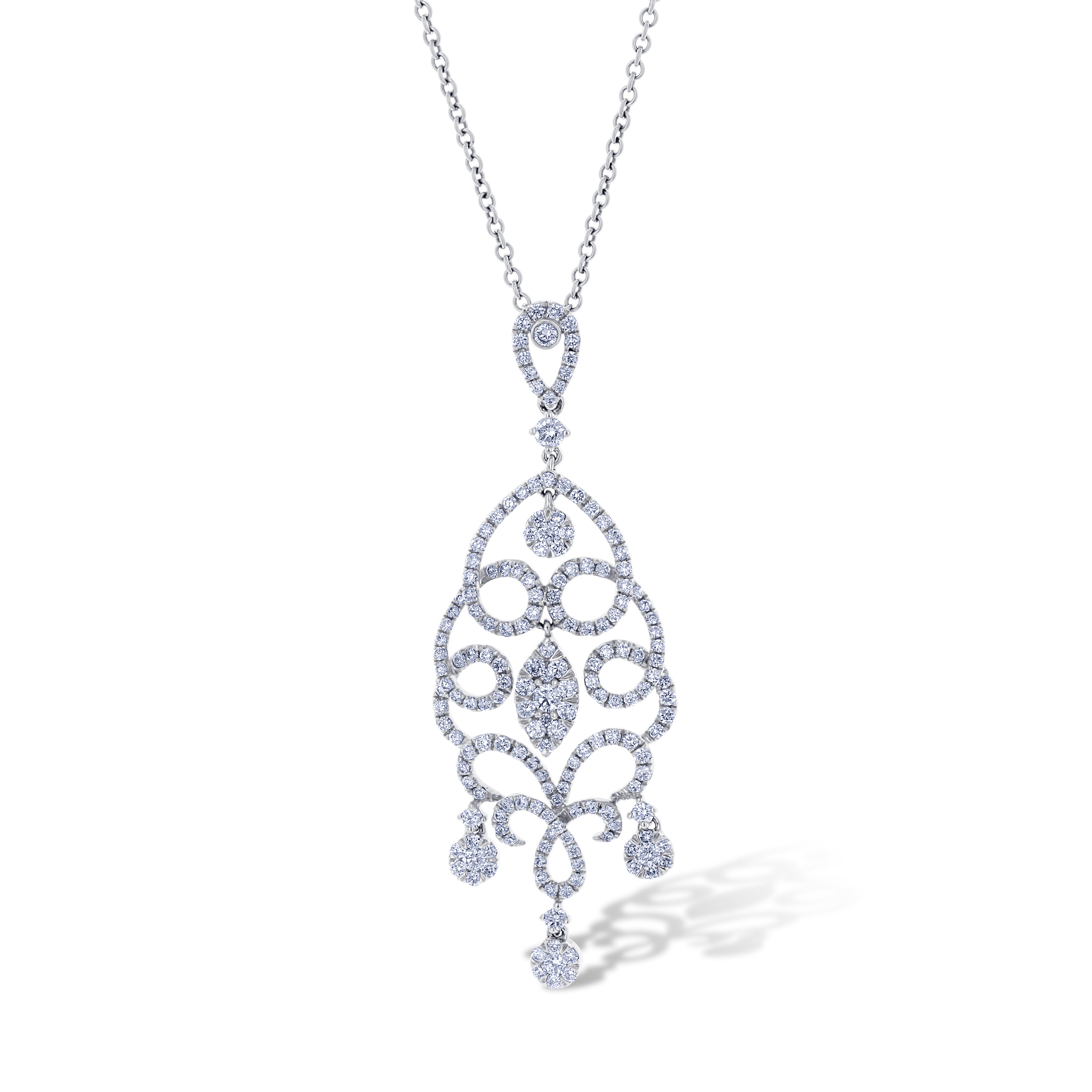 18K White Gold Pave Drop Pendant with Cluster Dangle Necklace