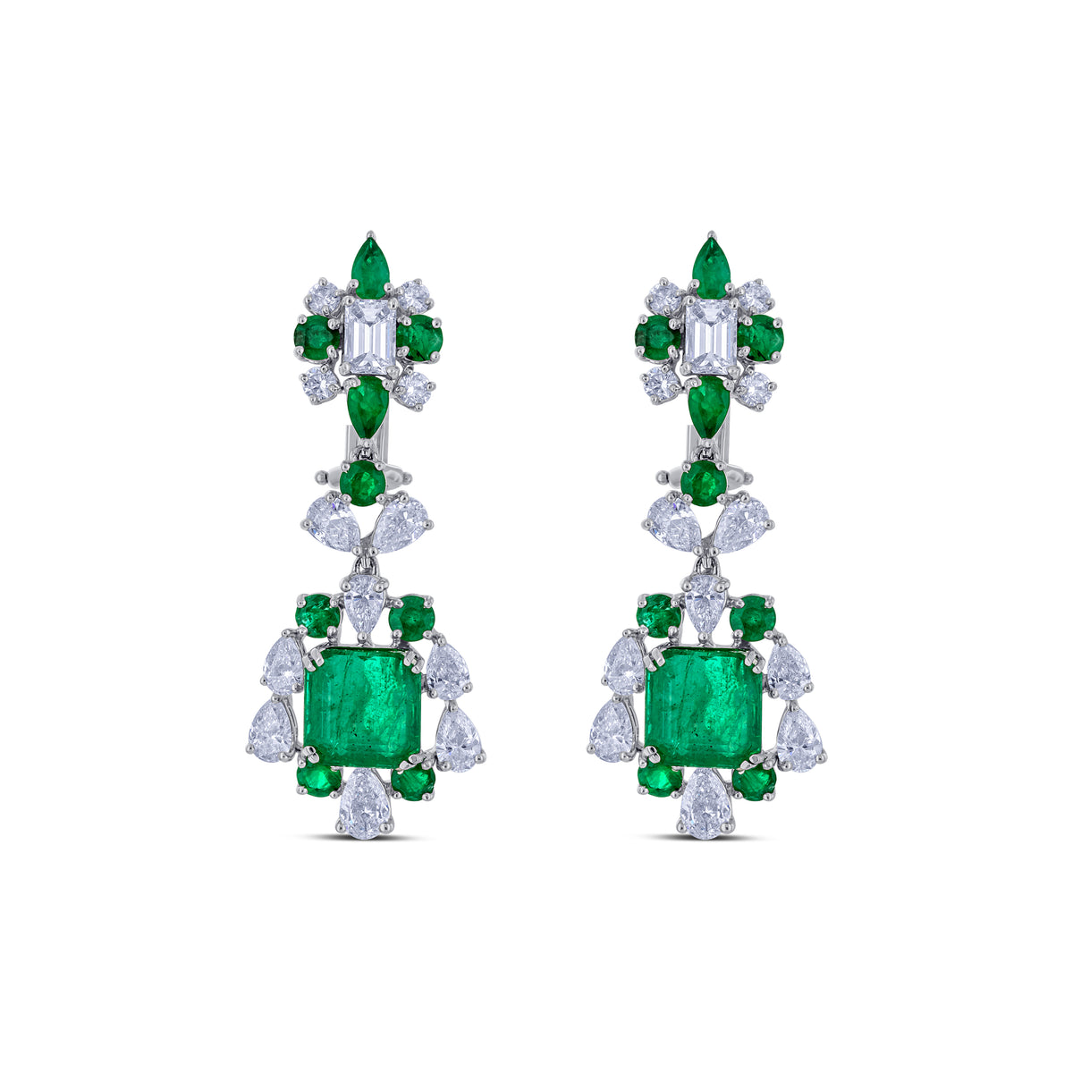 18K White Gold Diamond & Emerald Dangle Earrings