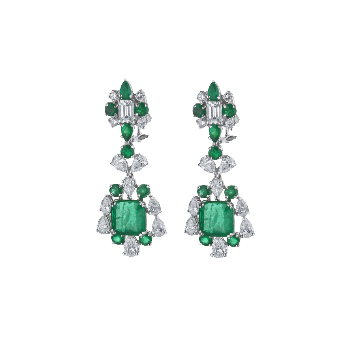 18K White Gold Diamond & Emerald Dangle Earrings