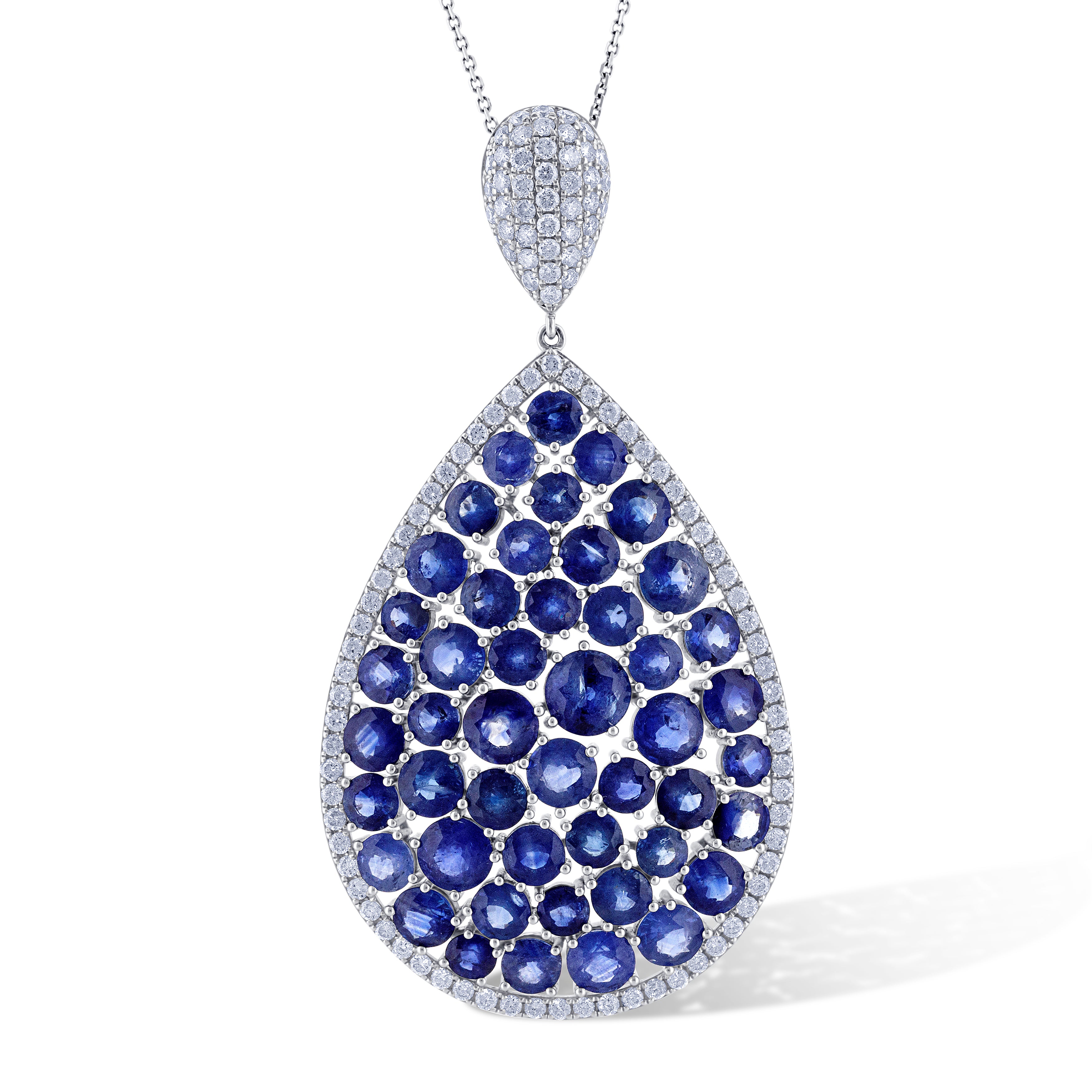 14K White Gold Pear Shape Pendant with Pave Blue Sapphires Necklace