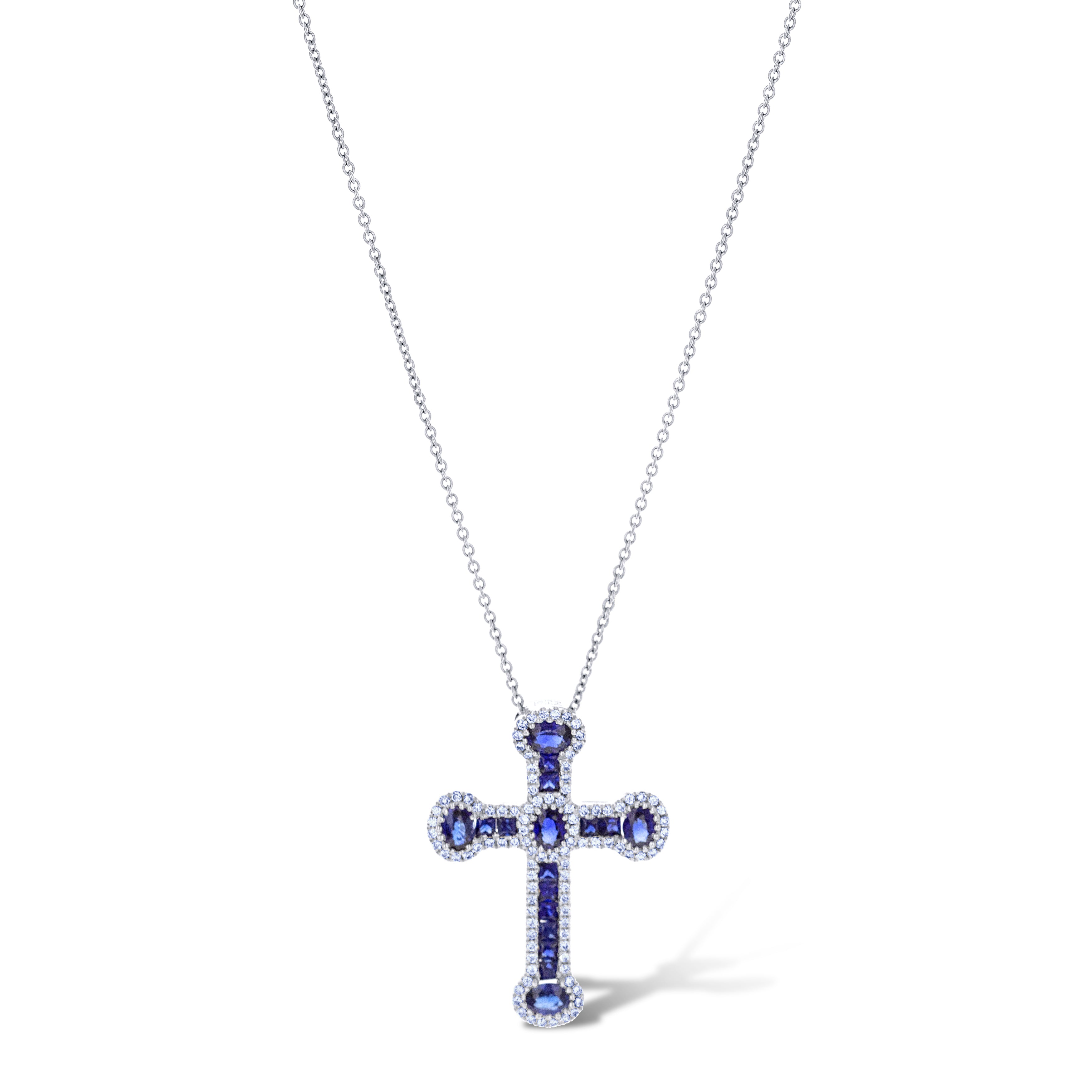 18K White Gold Blue Sapphire Cross with Diamond Surrounding Necklace