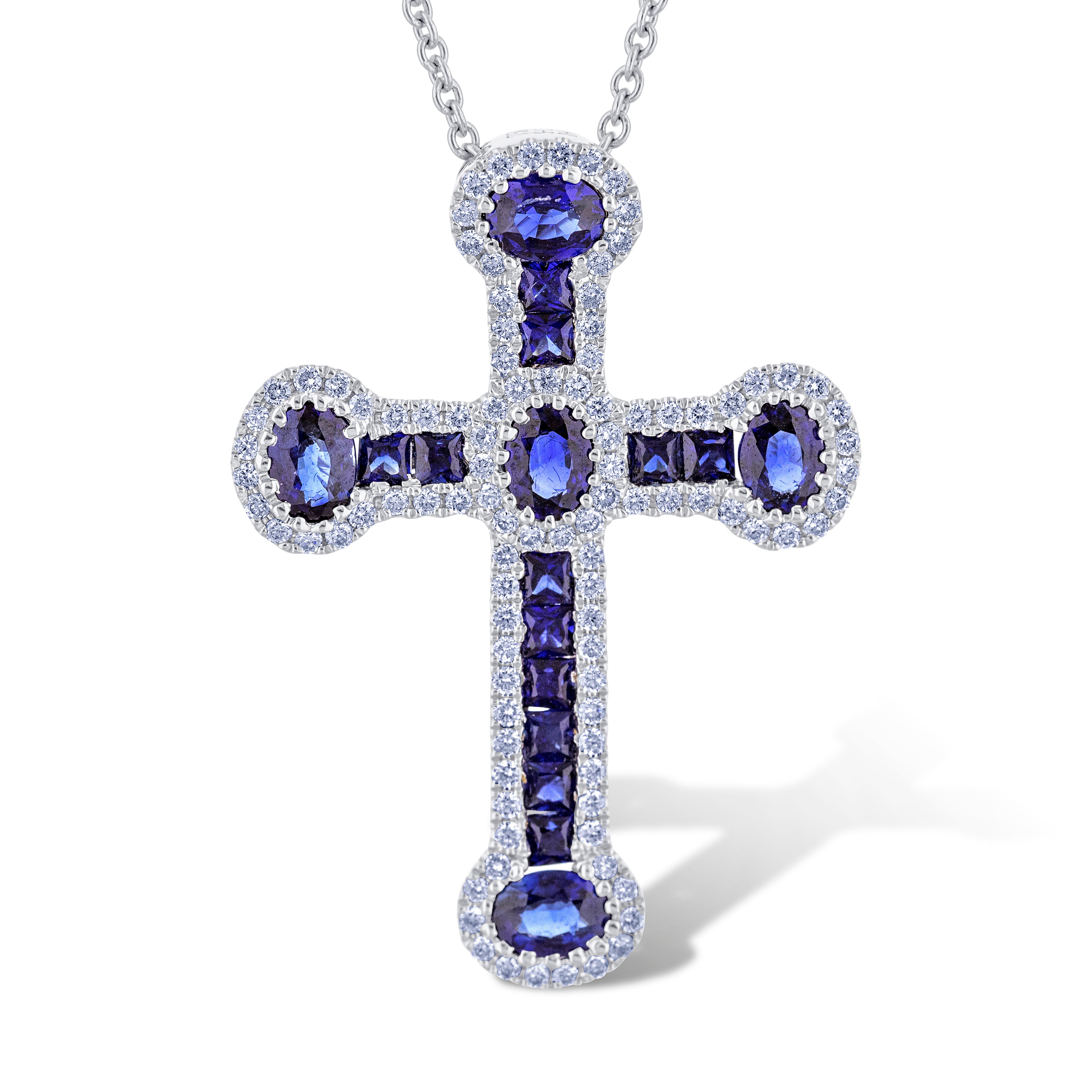 18K White Gold Blue Sapphire Cross with Diamond Surrounding Necklace