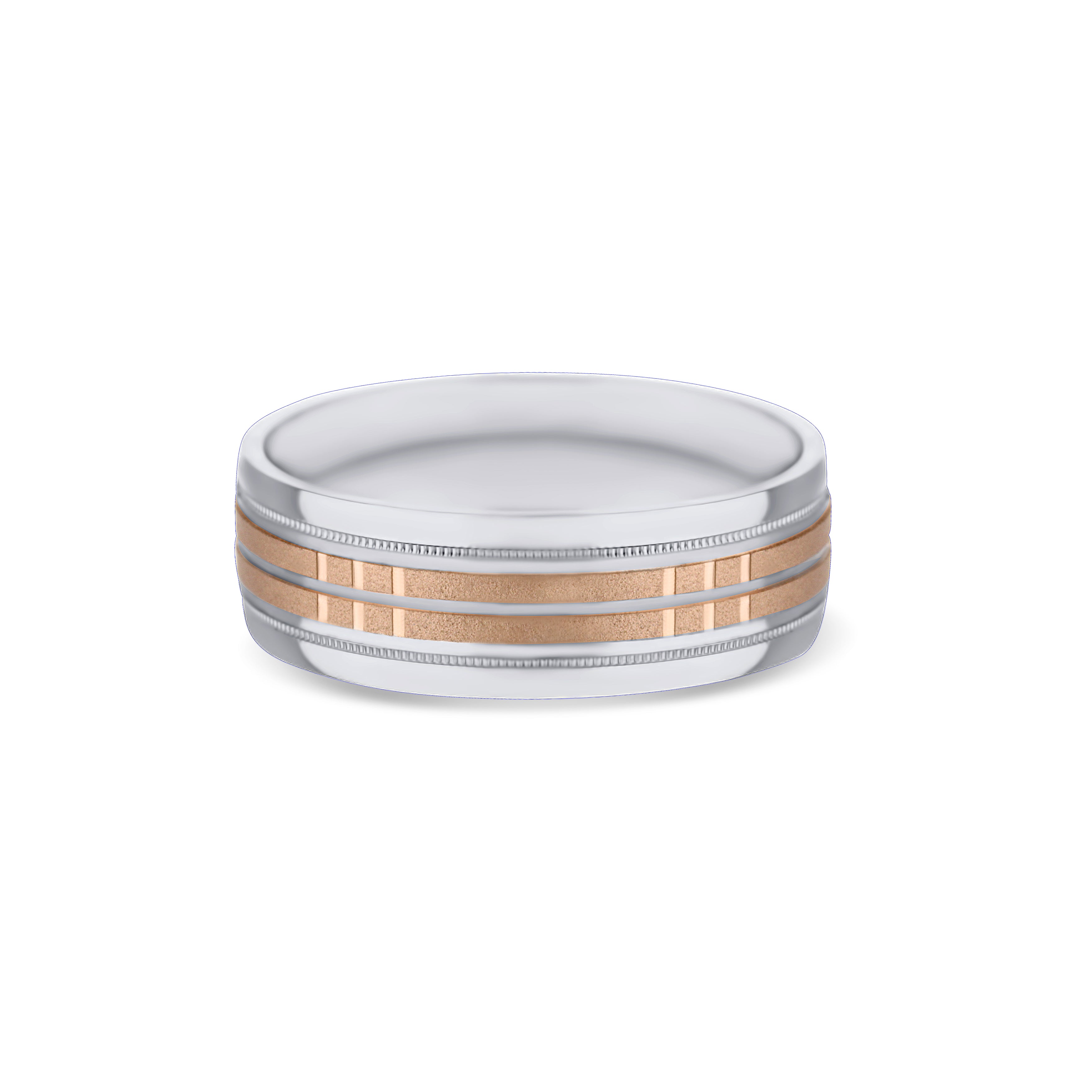 14K White Gold and 14K Rose Gold Carved Round Edge Wedding Band 7mm