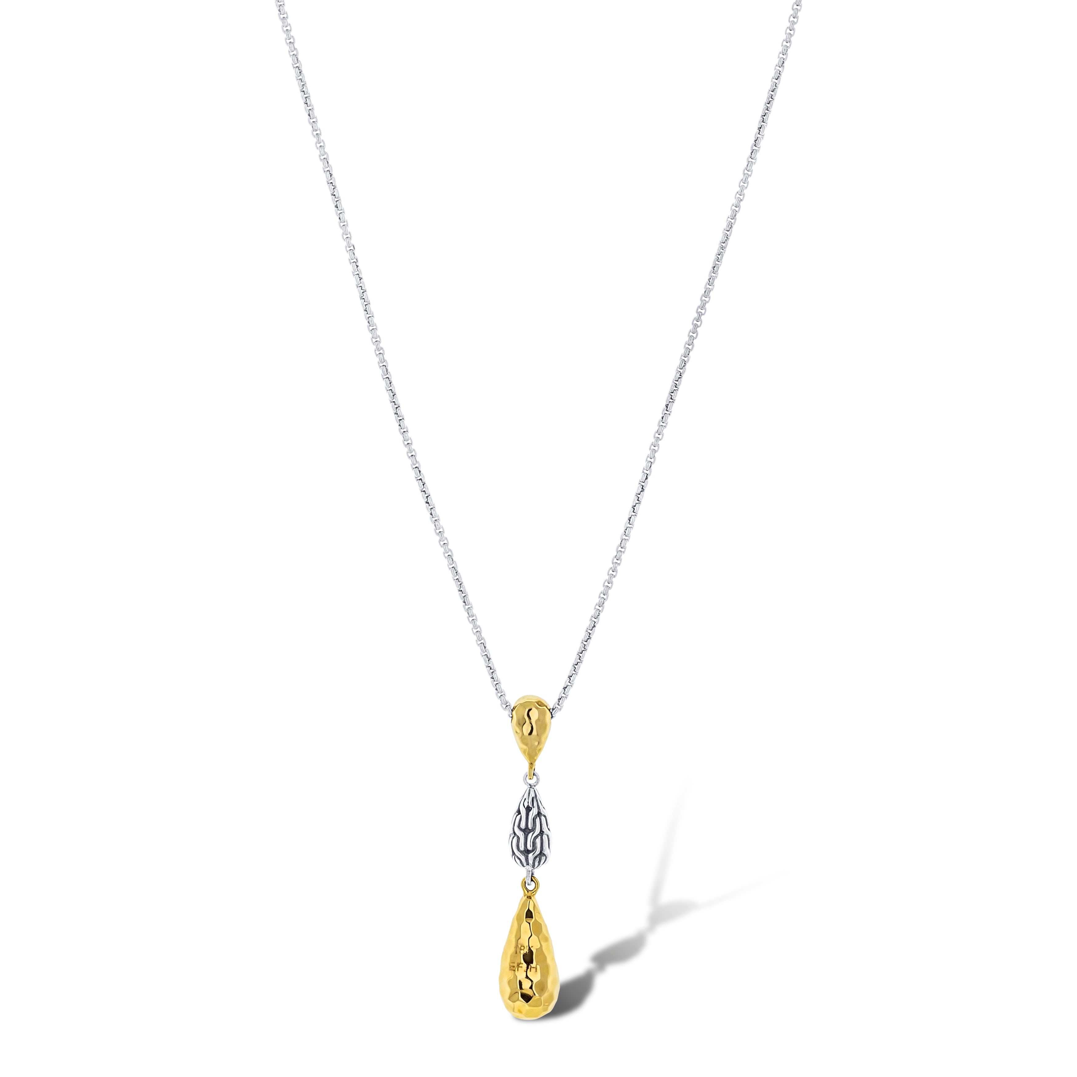 Silver & 18K Yellow Gold Classic Hammered Pendant with Chain Necklace
