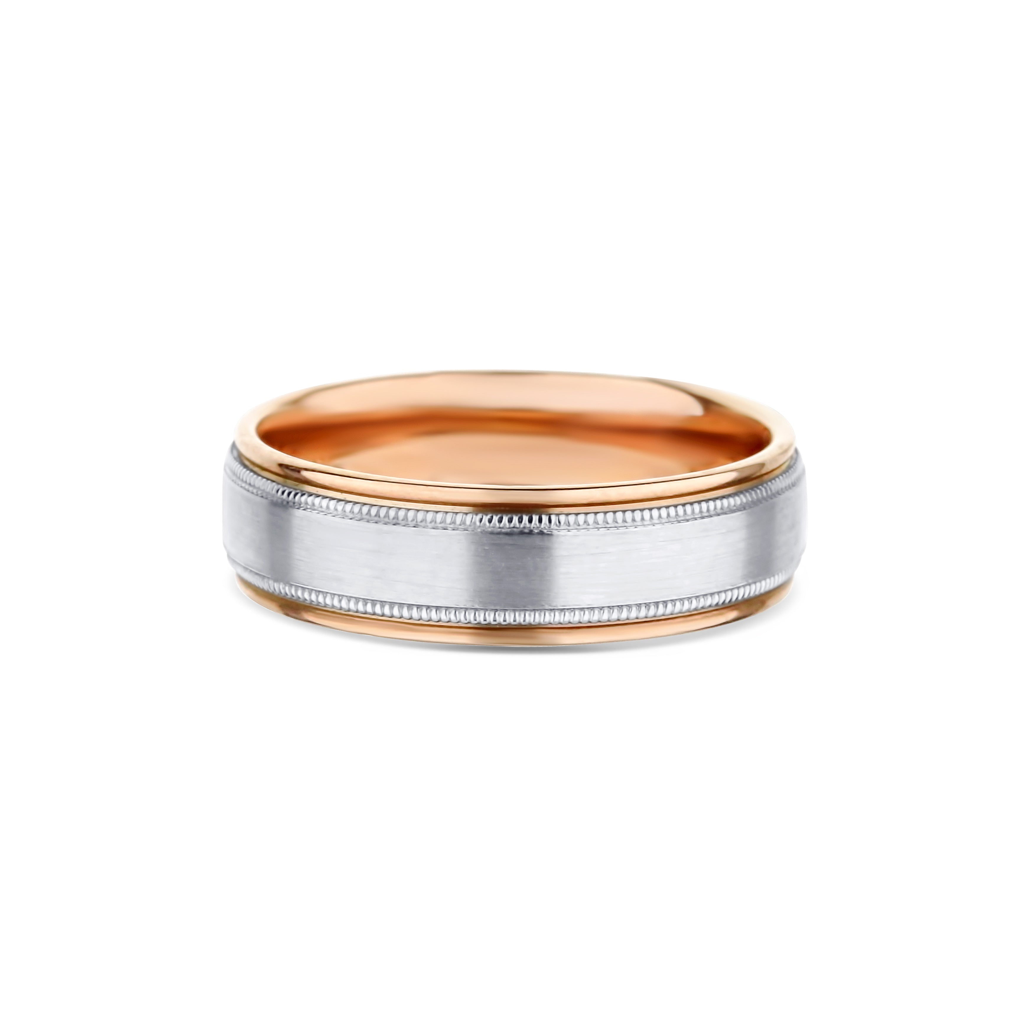 14K White Gold and 14K Rose Gold Milgrain Accent Milgrain Satin Finish Round Edge Wedding Band 6.5mm