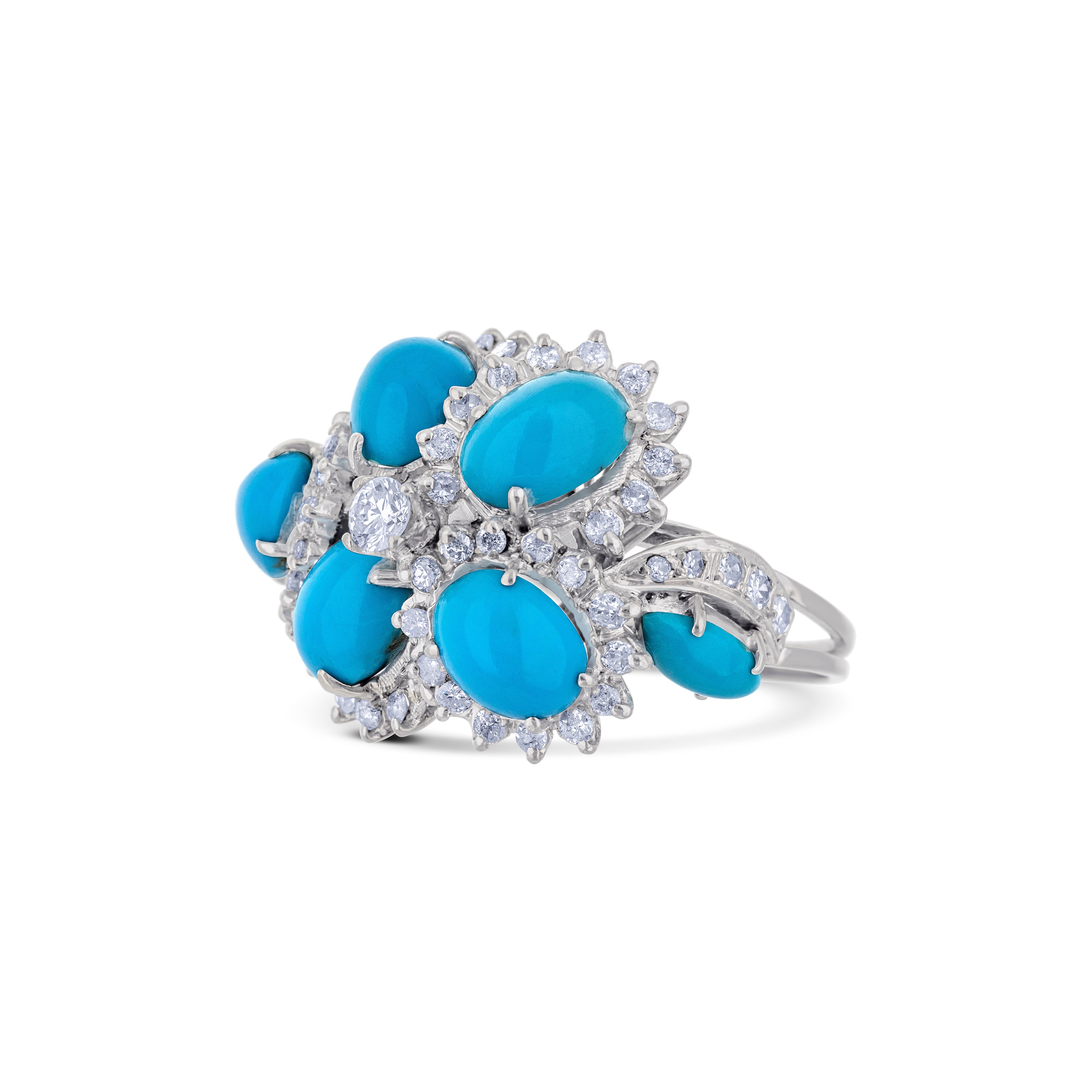14K White Gold Turquoise Single Cut Melee Ring