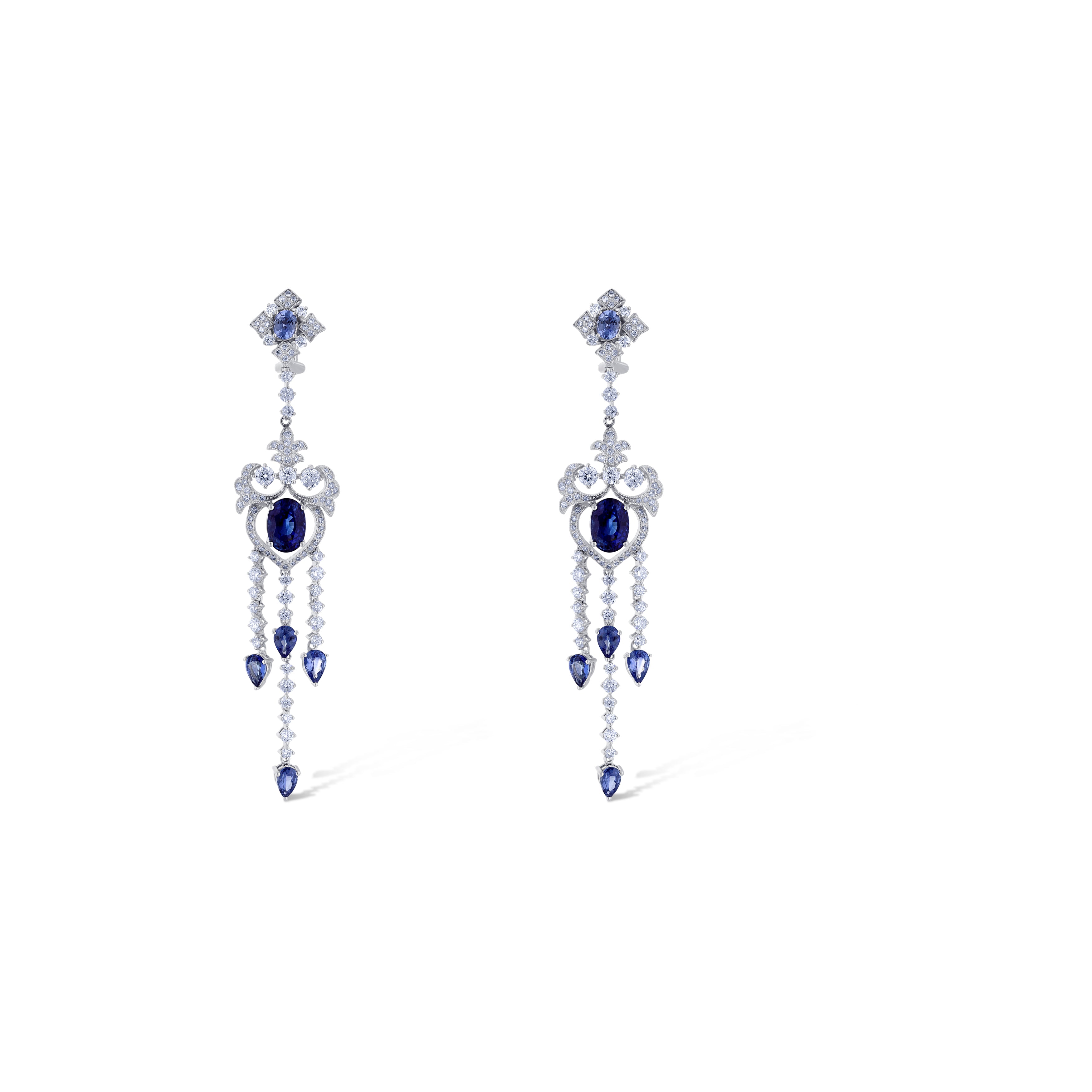18K White Gold Sapphire & Diamond Chandelier Earrings