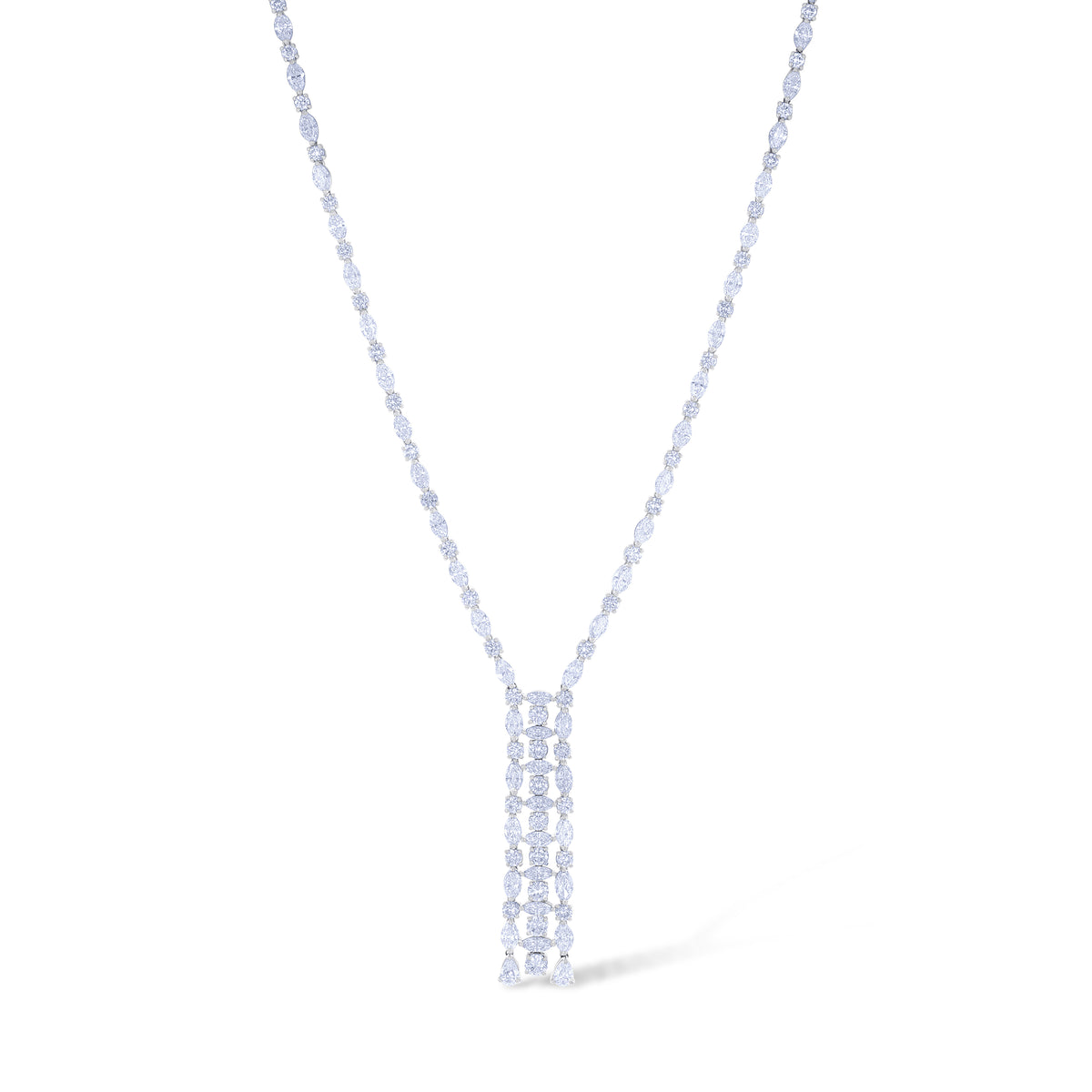 18K White Gold Alternating Diamond With Triple Line Drop Necklace