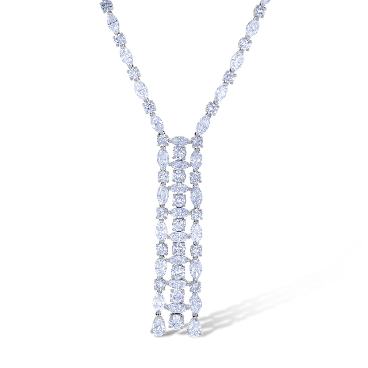 18K White Gold Alternating Diamond With Triple Line Drop Necklace