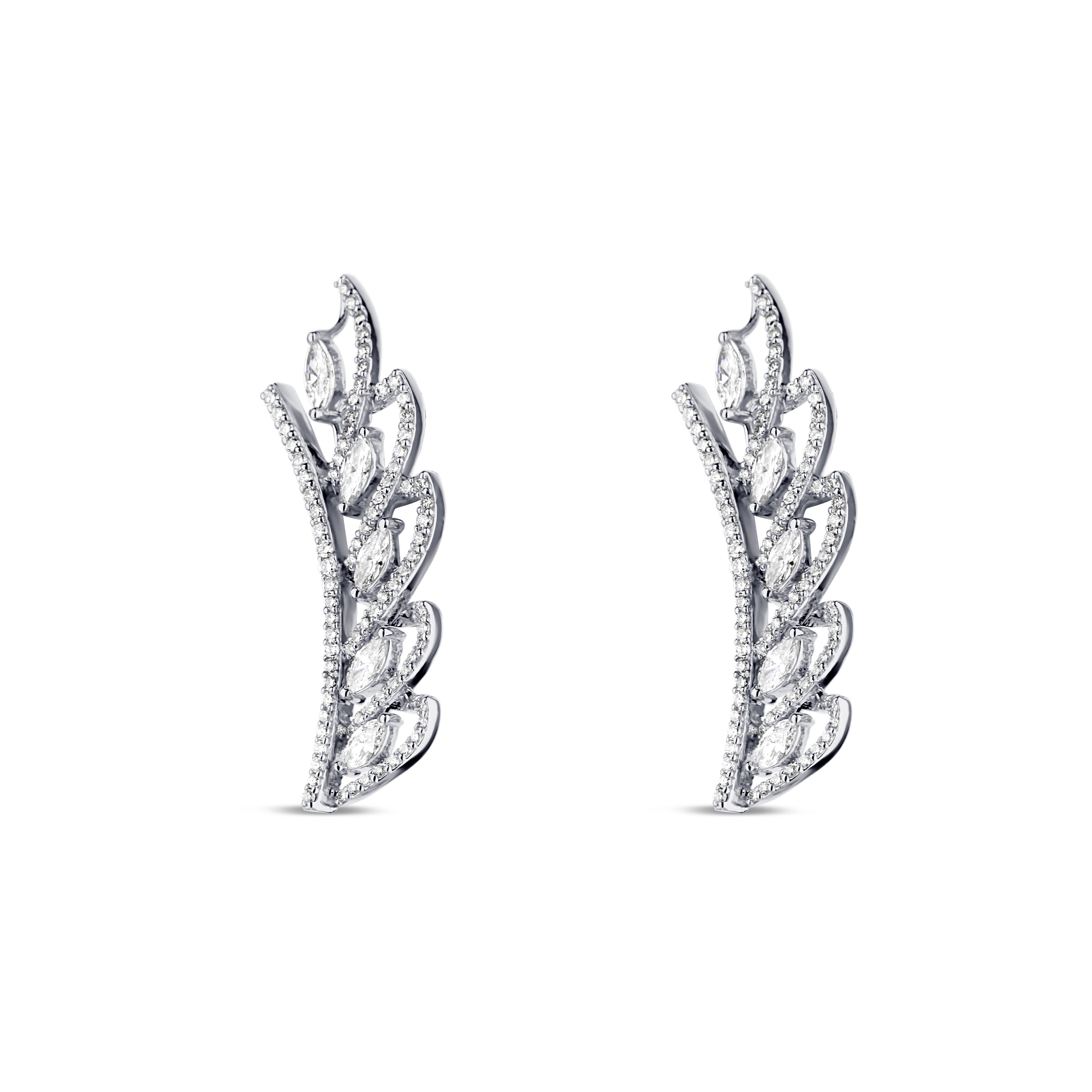 18K White Gold Marquise and Round Diamond Leaf Ear Climbers