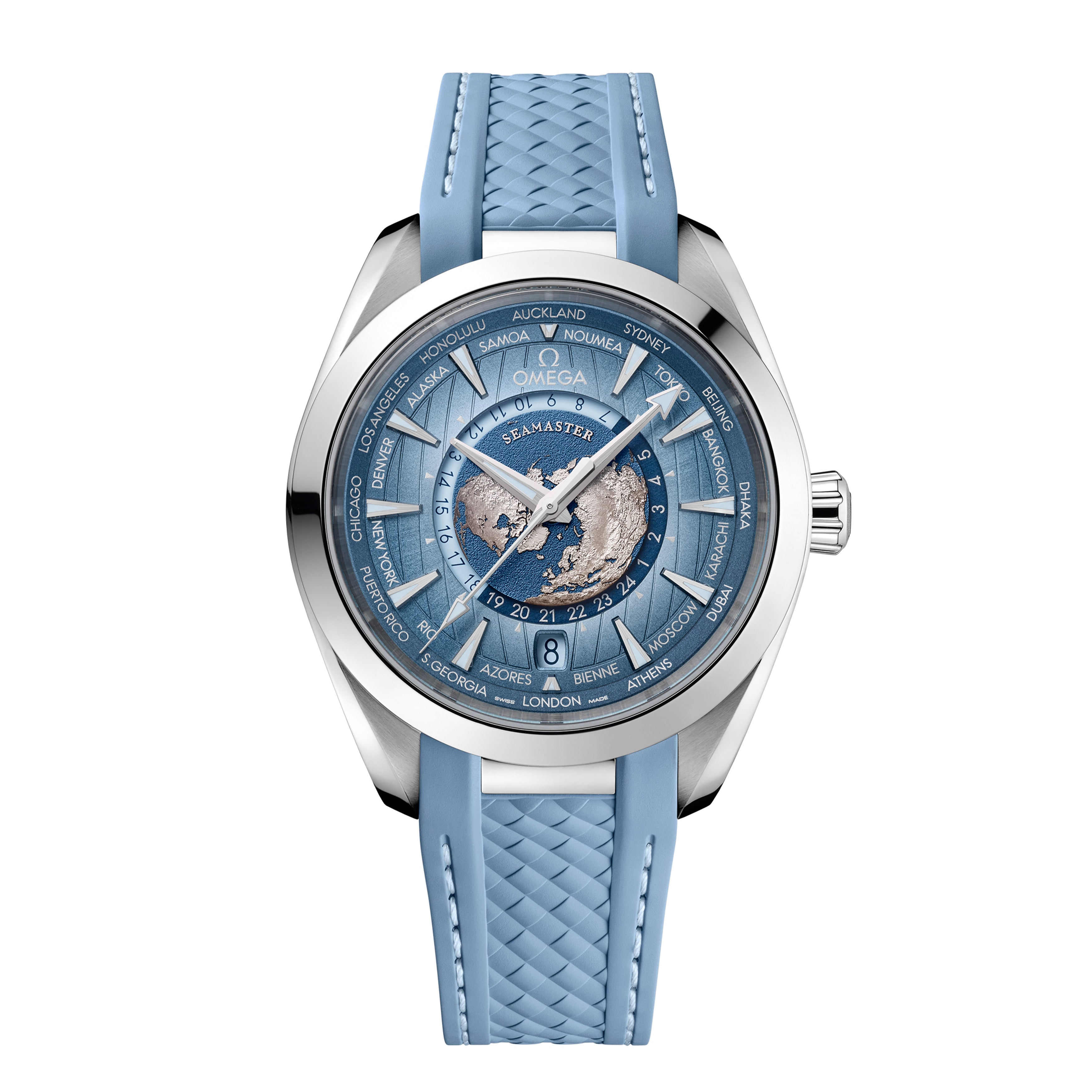 Omega Seamaster Aqua Terra 150m GMT Worldtimer Watch, 43mm Summer Blue Dial, 220.12.43.22.03.002