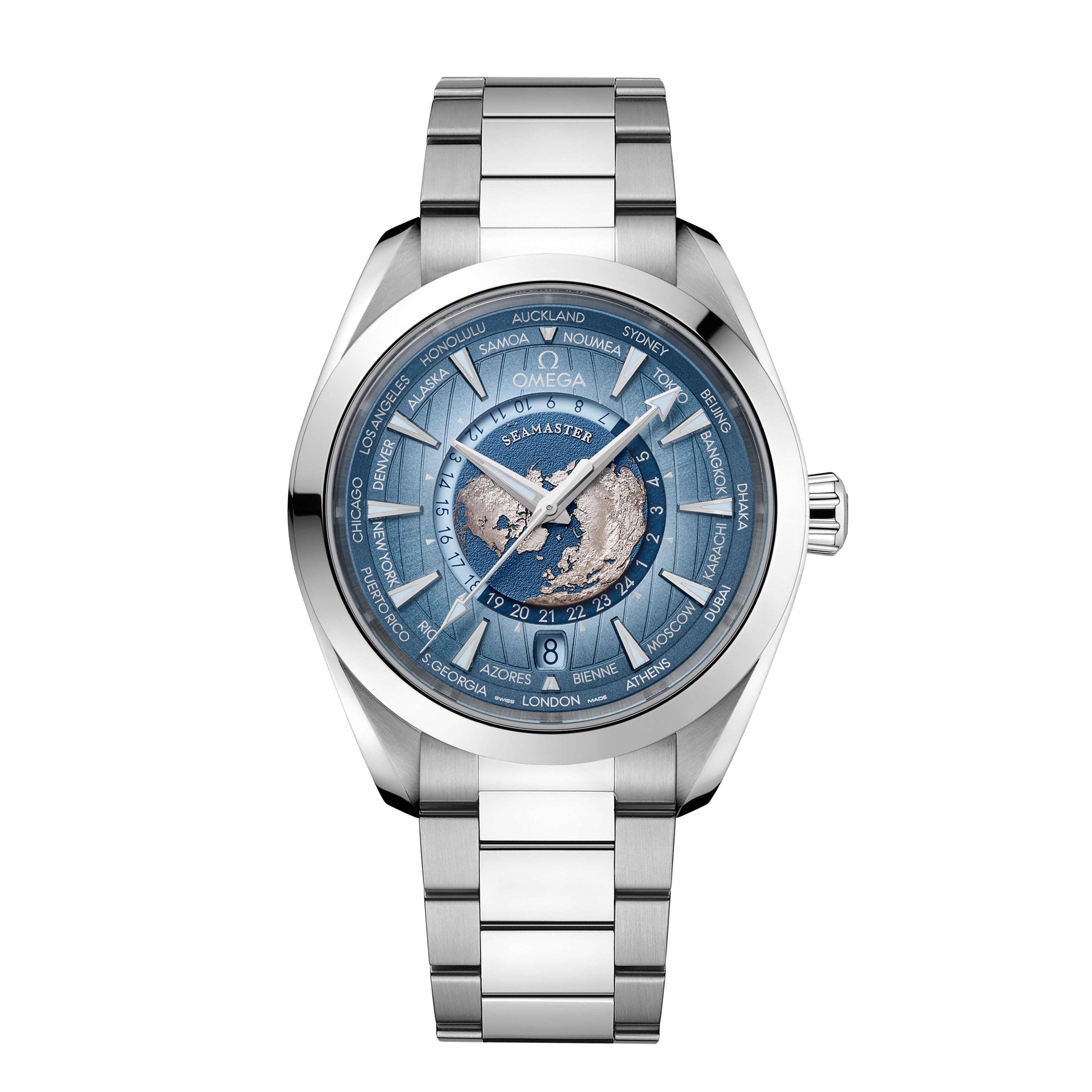 Omega Seamaster Aqua Terra 150m GMT Worldtimer Watch, 43mm Summer Blue Dial, 220.10.43.22.03.002