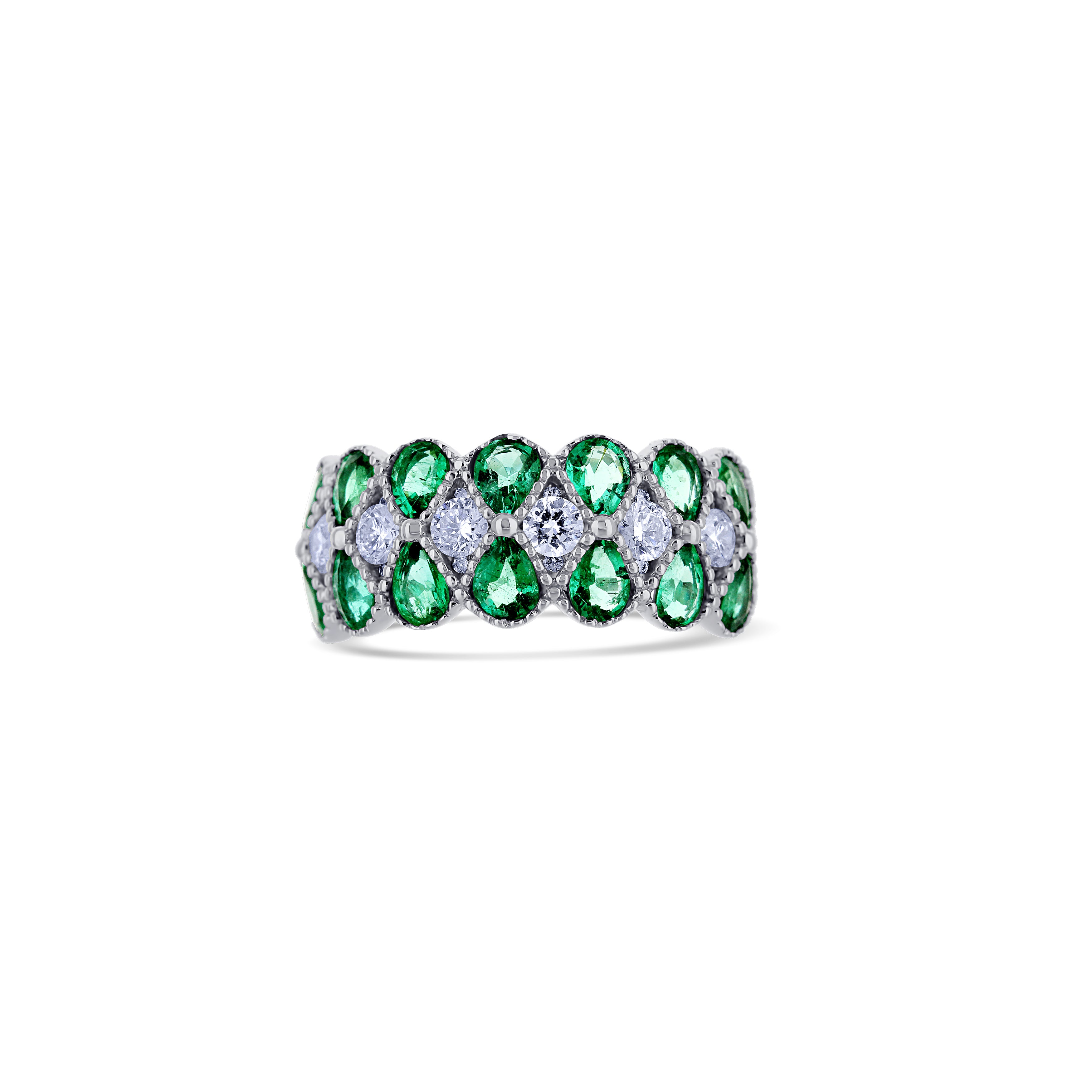 18K White Gold Emerald Pear and Round Diamonds Ring