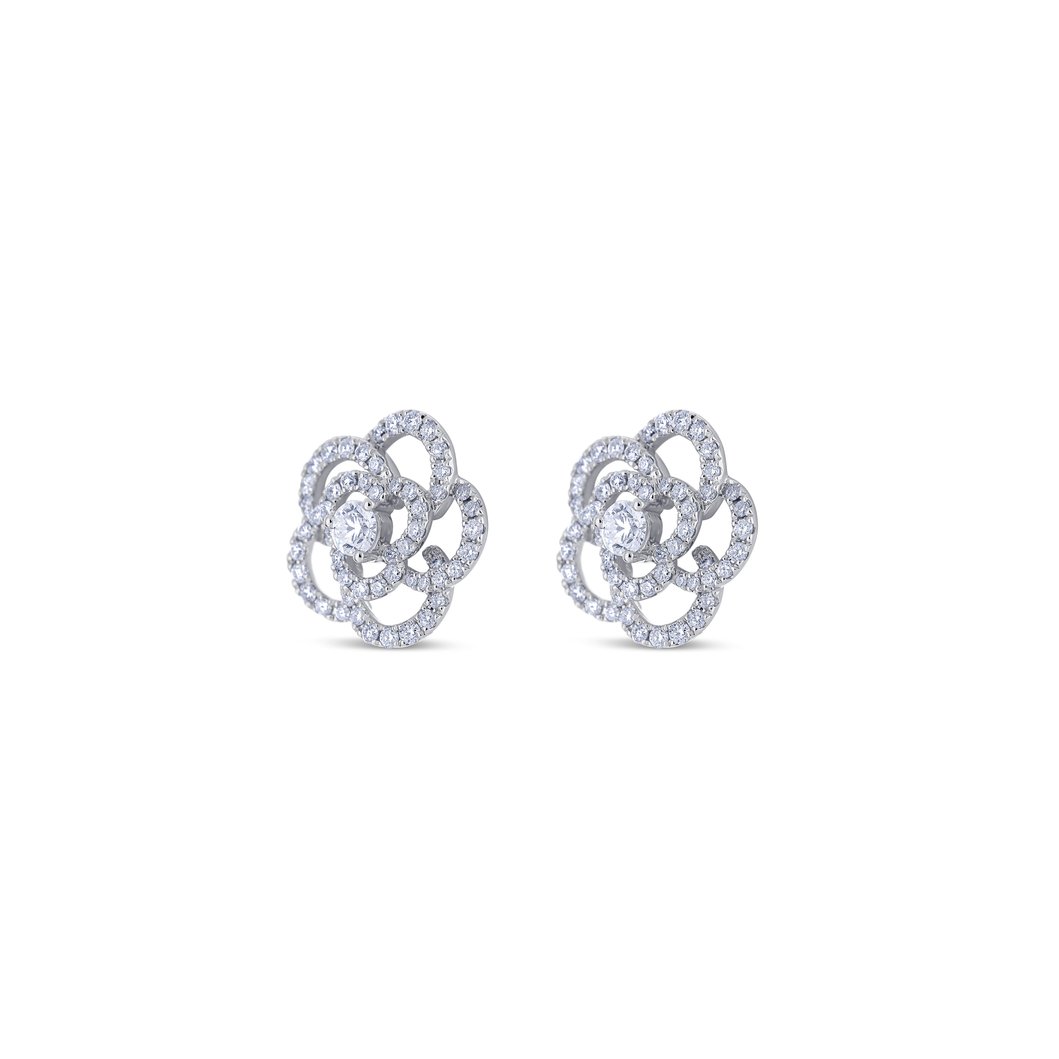 18K White Gold Round Diamond Flower Shaped Earrings