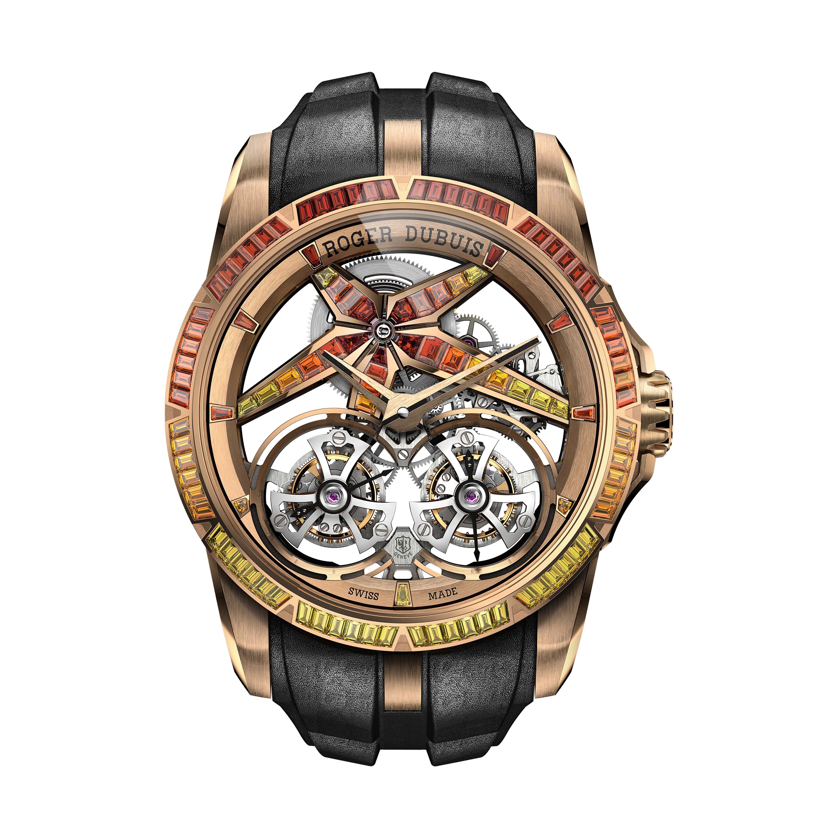 Roger Dubuis Excalibur Sunrise Double Tourbillon Watch, 42mm Skeleton Dial, RDDBEX1130
