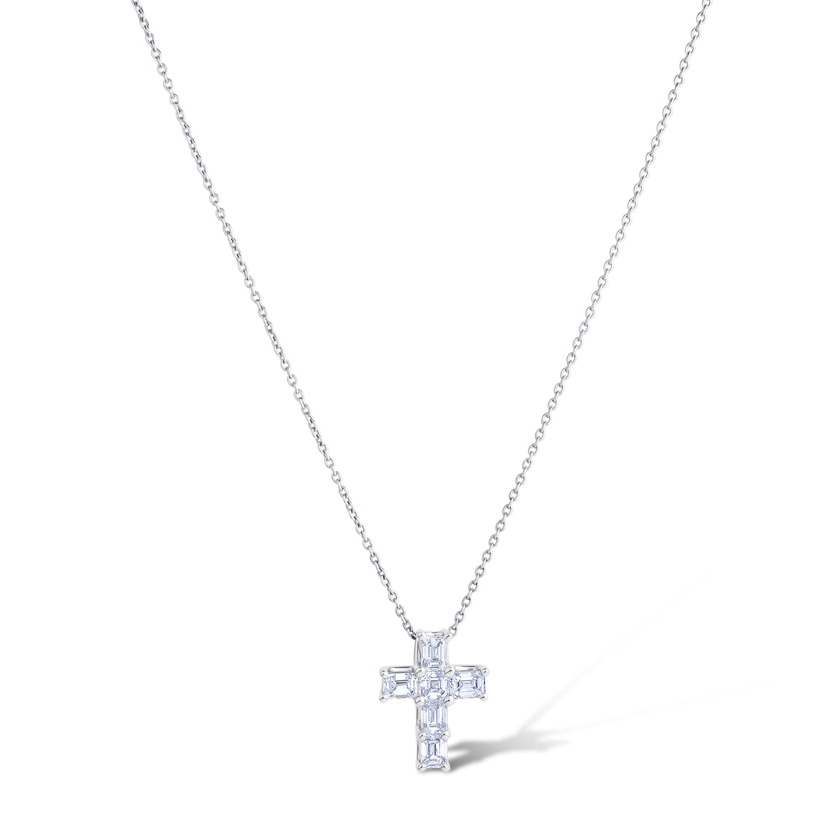18K White Gold Emerald Cut Diamond Cross Chain