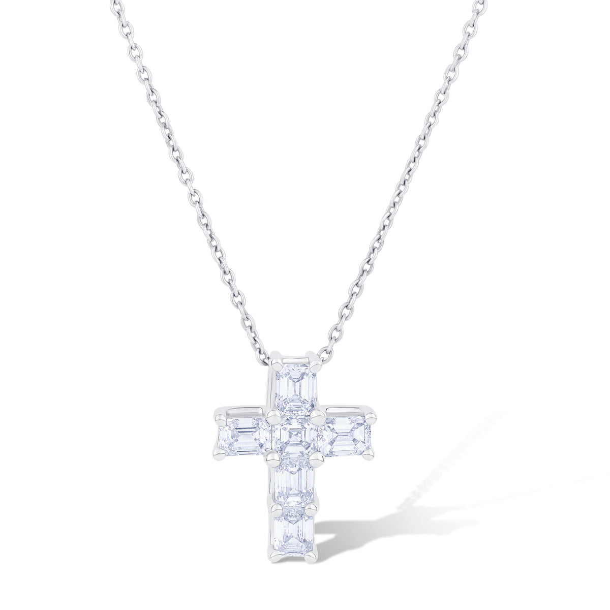 18K White Gold Emerald Cut Diamond Cross Chain