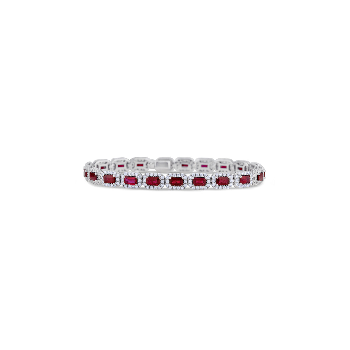 18K White Gold Ruby Emerald Cut and Pave Set Diamonds Tennis Bracelet