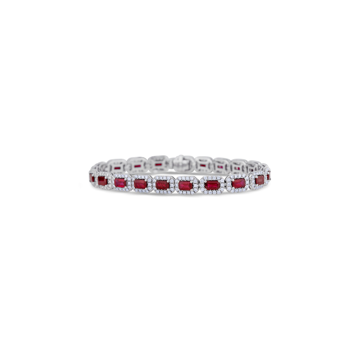18K White Gold Ruby Emerald Cut and Pave Set Diamonds Tennis Bracelet