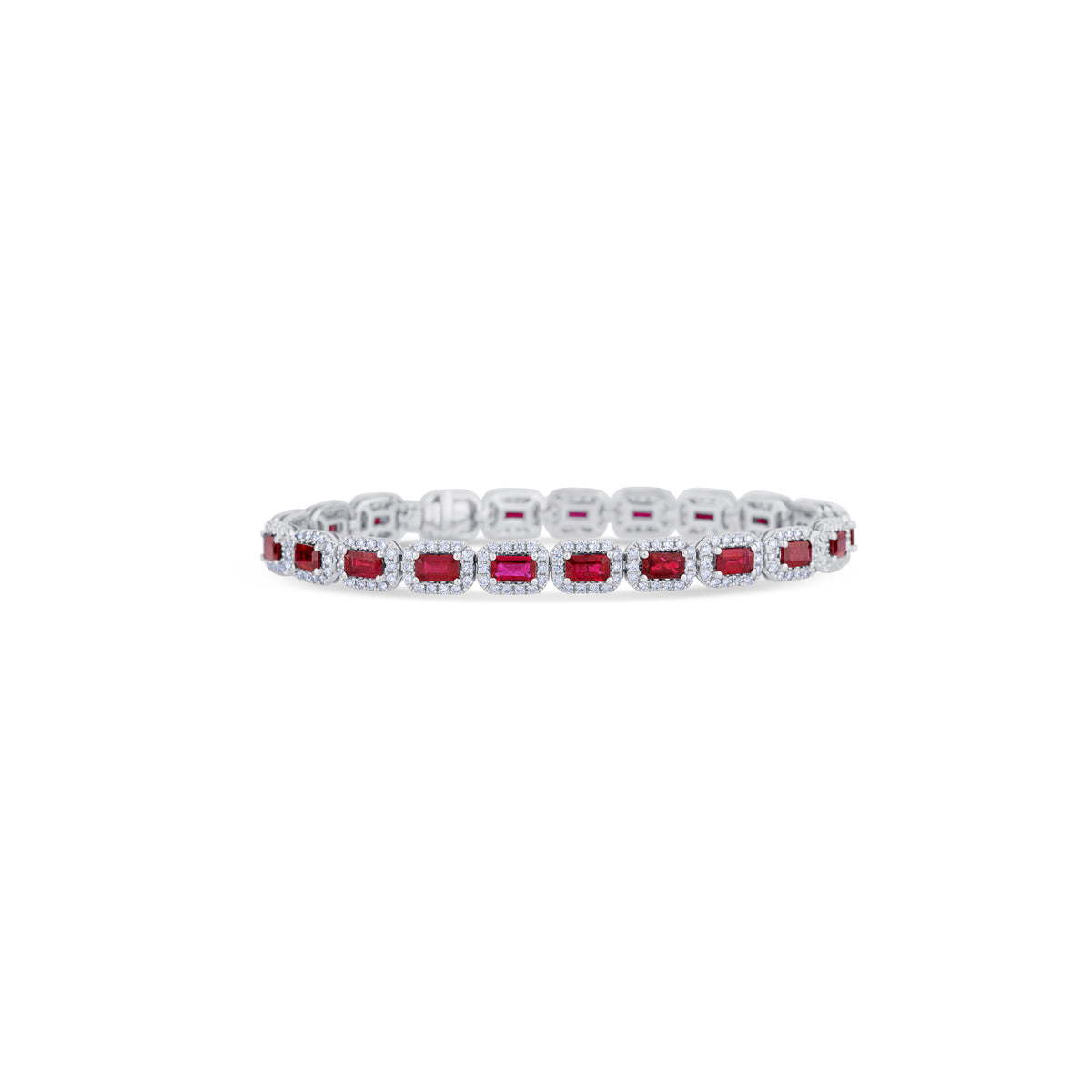 18K White Gold Ruby Emerald Cut and Pave Set Diamonds Tennis Bracelet