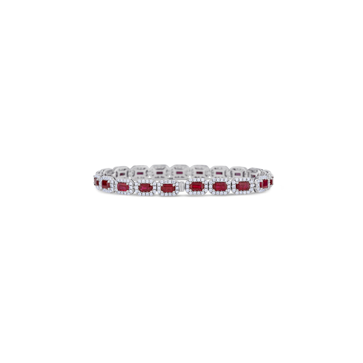 18K White Gold Ruby Emerald Cut and Pave Set Diamonds Tennis Bracelet