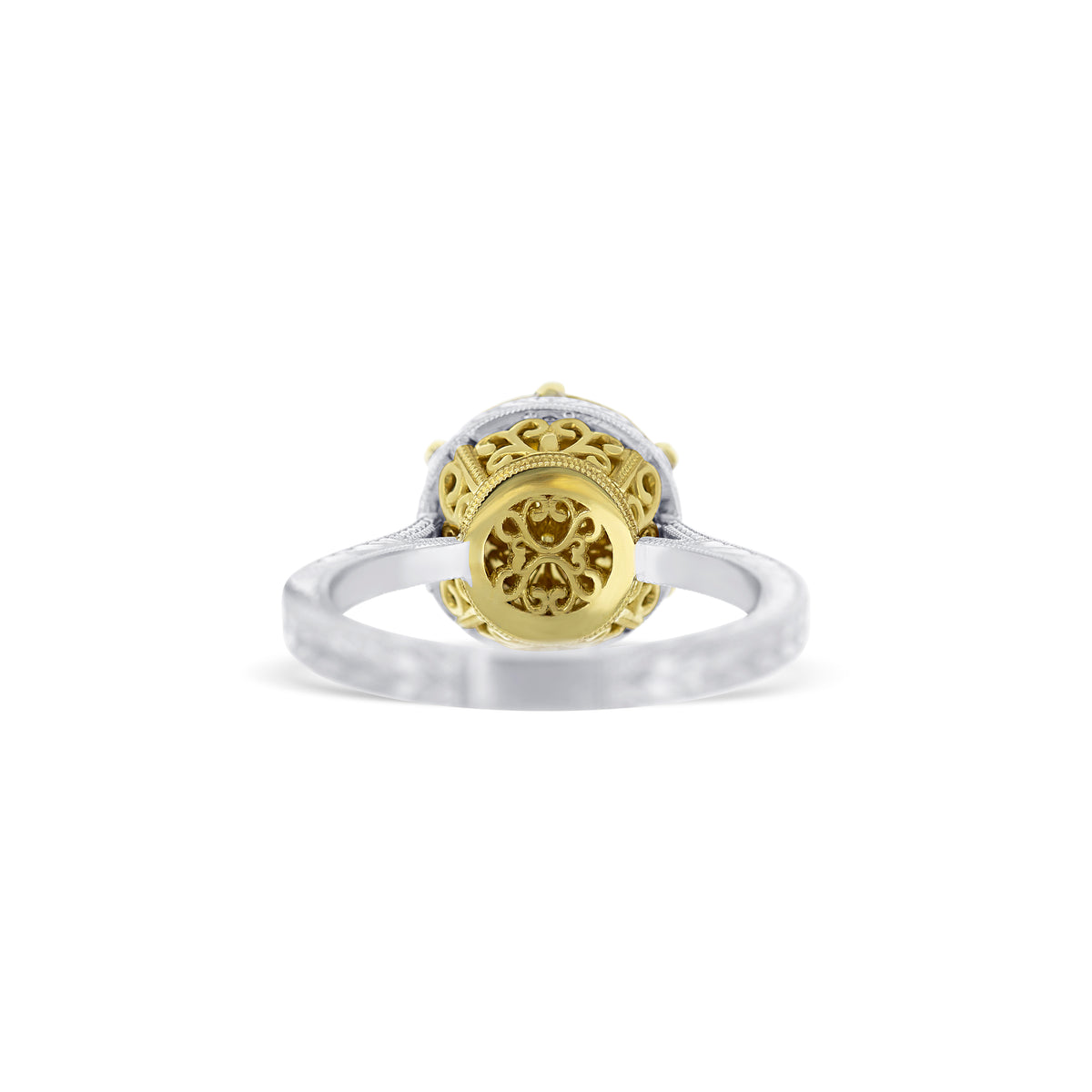 18K Two-Tone Gold Euro Cut Diamond Engagement Ring with Hand-Engraved Shank