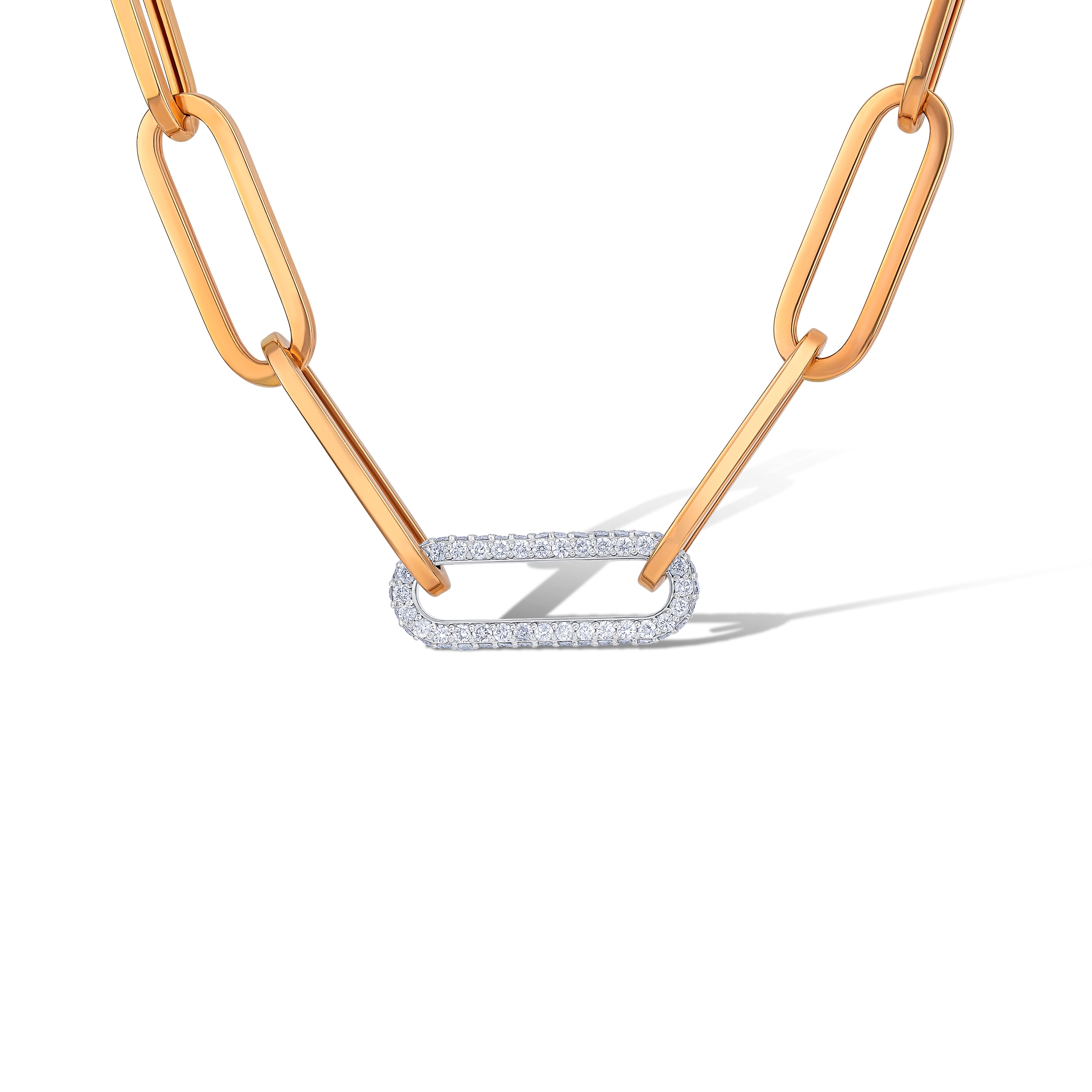 14K Rose Gold Round Cut Diamond Link Paperclip Necklace