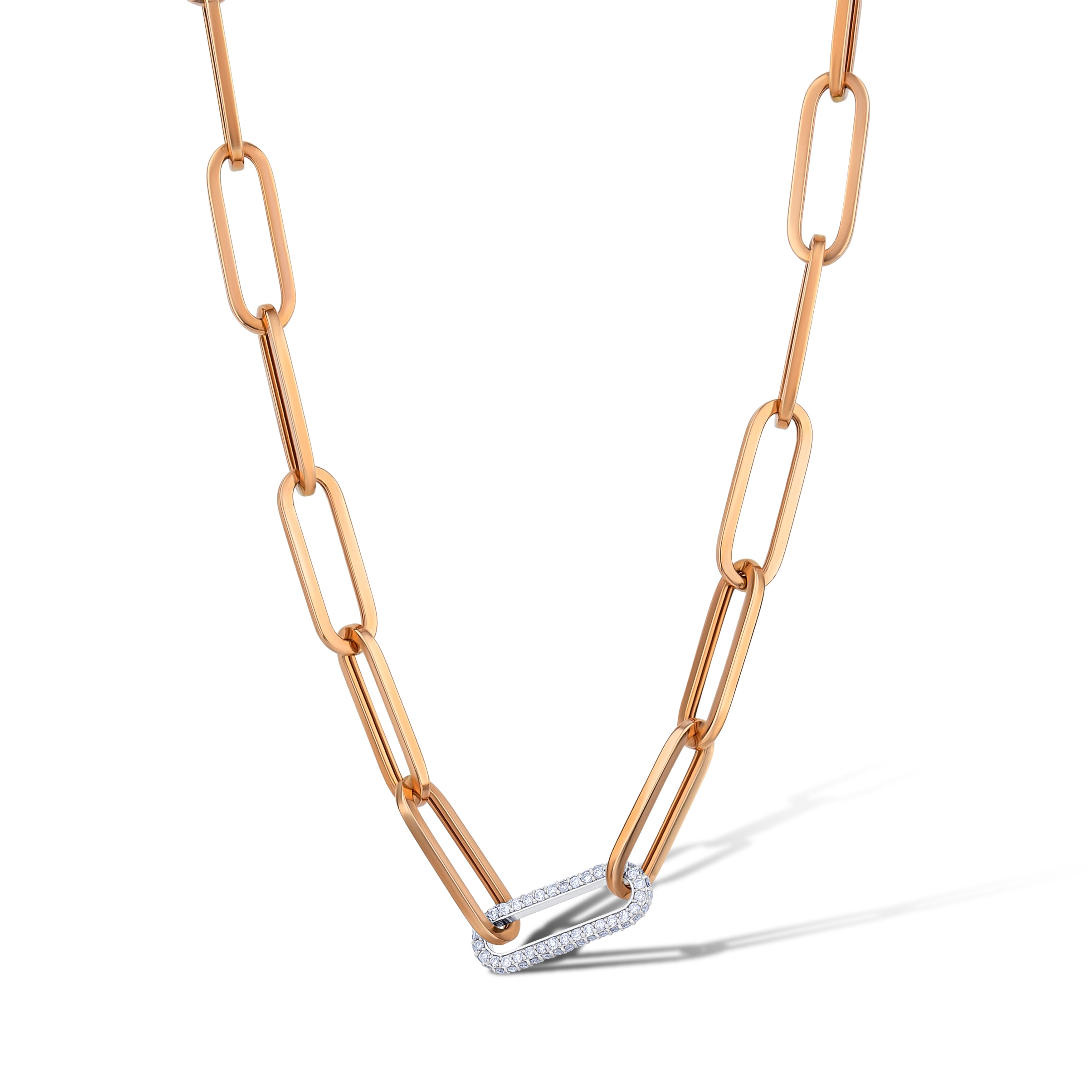 14K Rose Gold Round Cut Diamond Link Paperclip Necklace