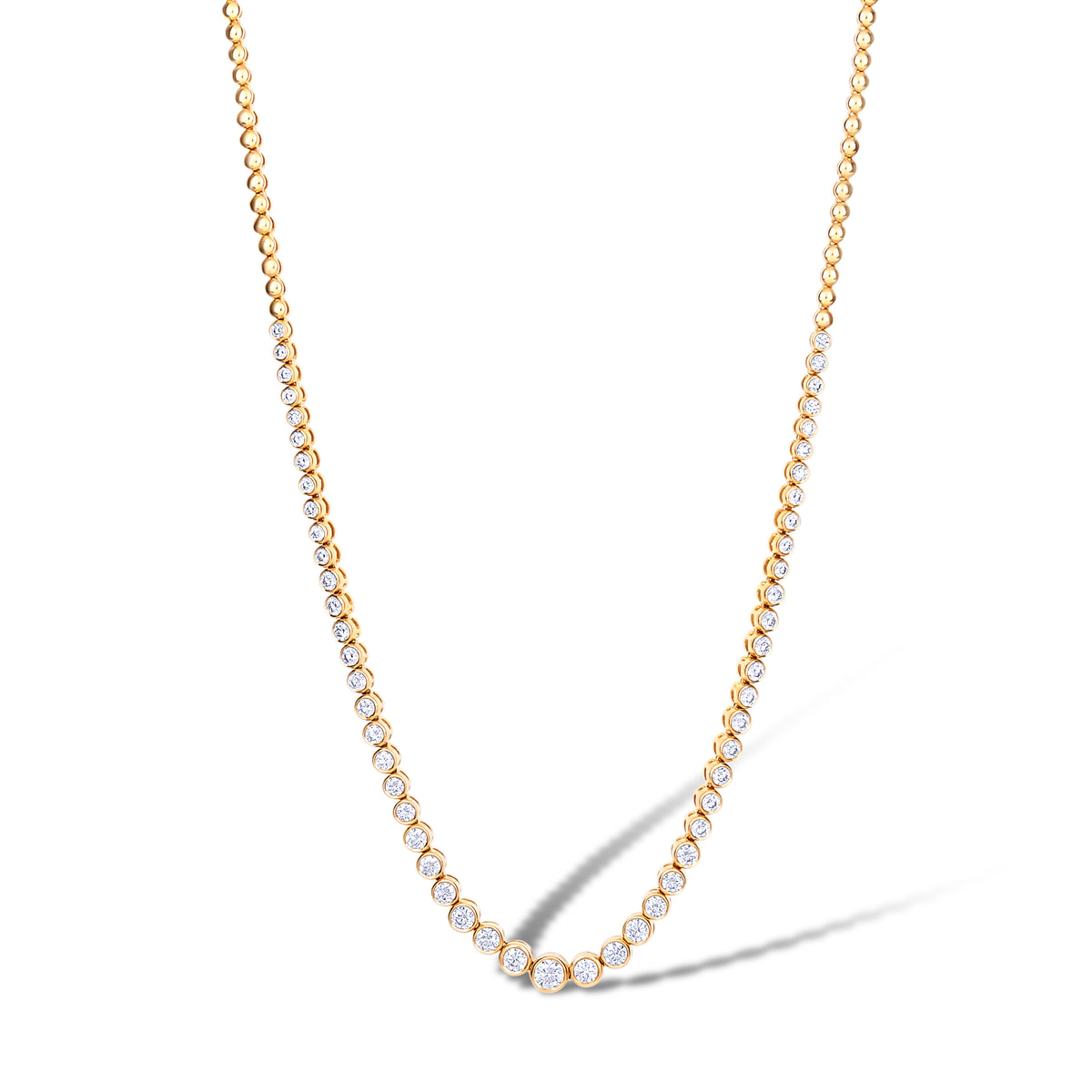 14K Yellow Gold Round Cut Diamond Half Bezel Set Tennis Necklace