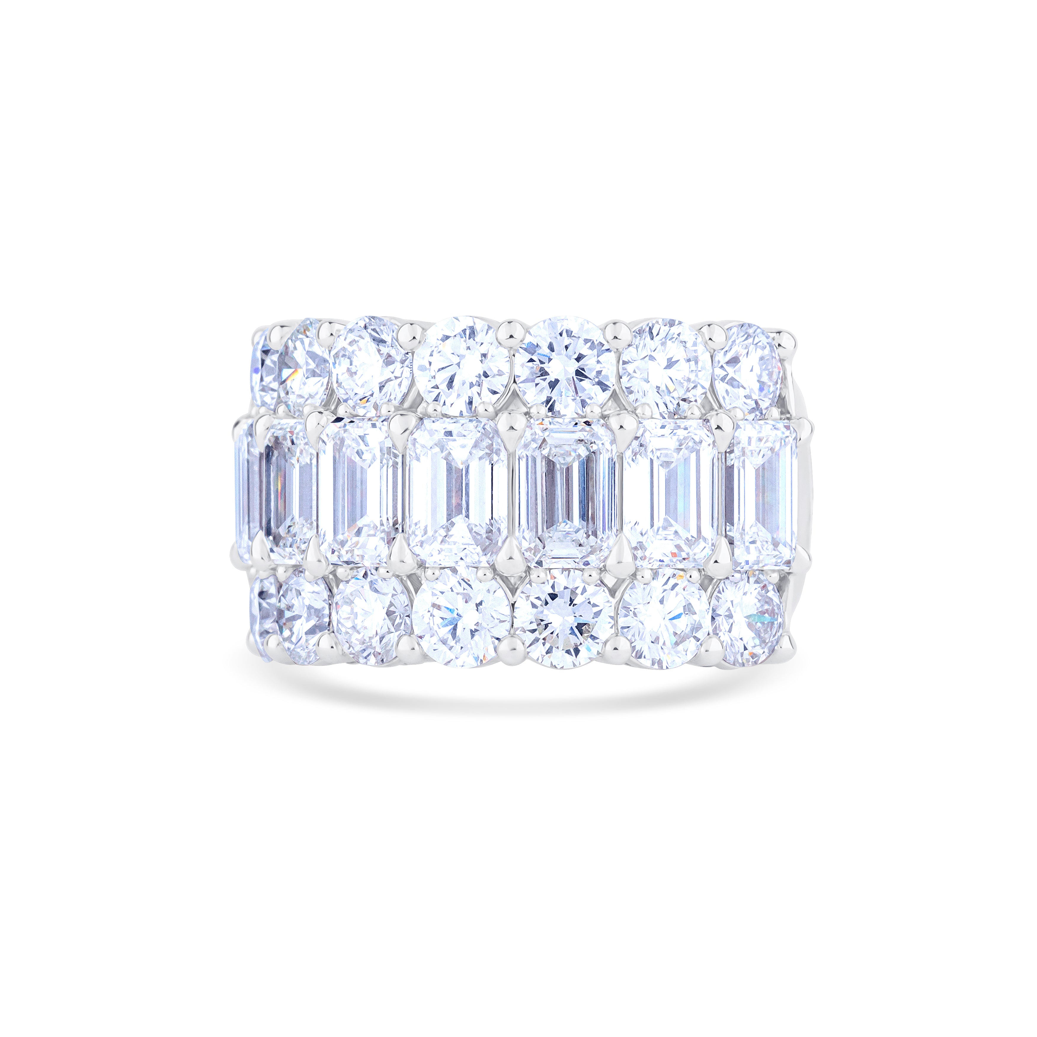 18K White Gold Emerald and Round Cut Diamond Band