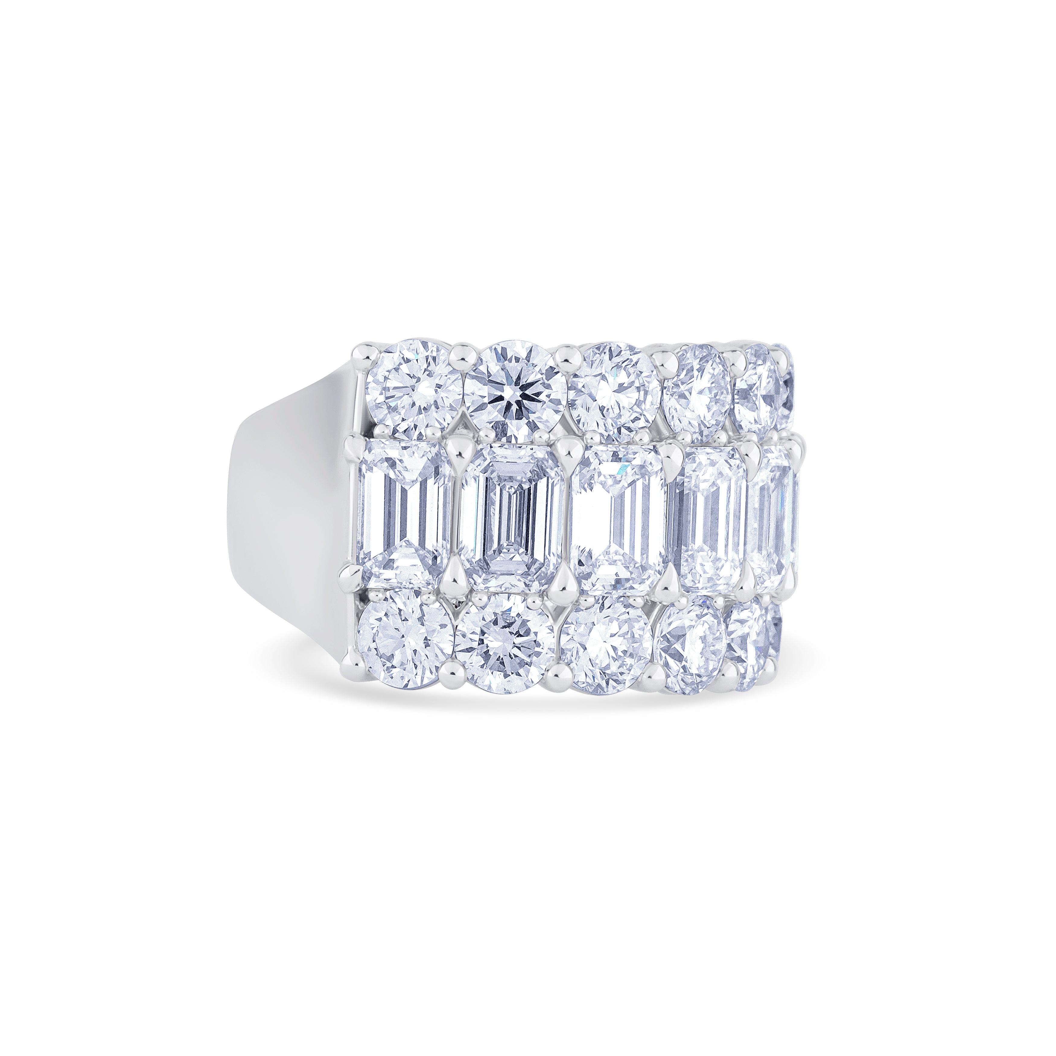 18K White Gold Emerald and Round Cut Diamond Band