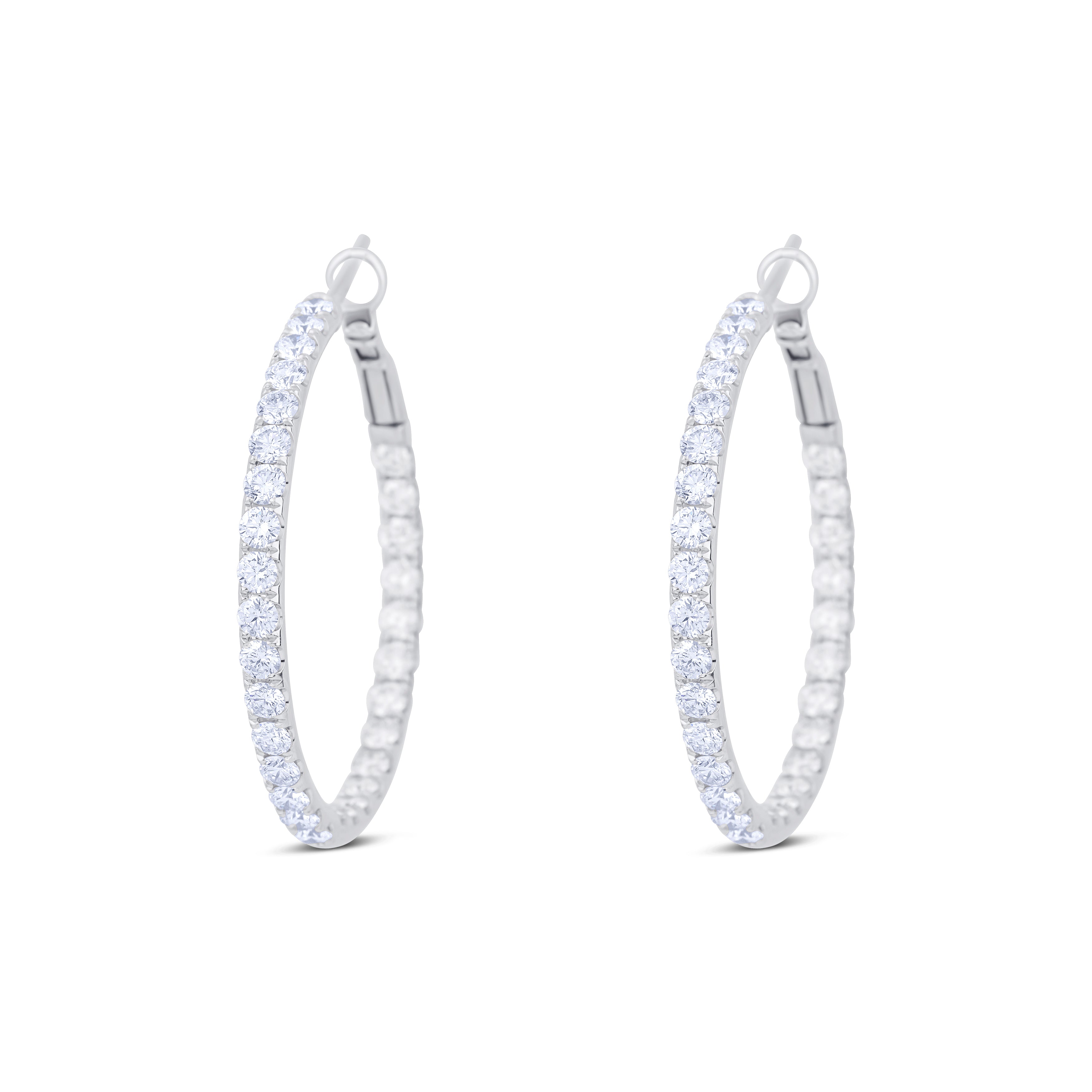 18K White Gold Round Cut Diamond Micro Wire Hoop Earrings