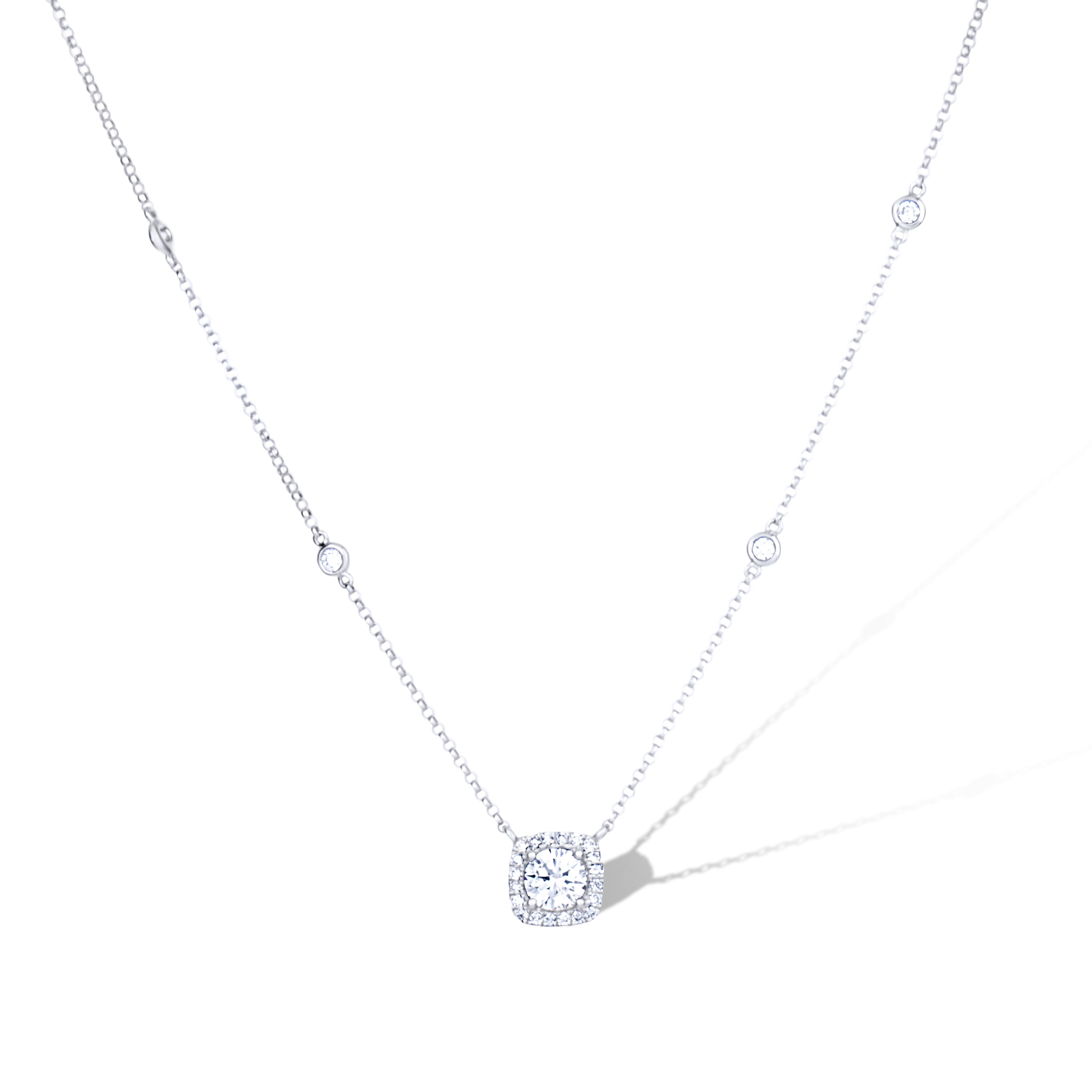 18K White Gold Cushion Shape Halo Pendant with Round Center Diamond Necklace