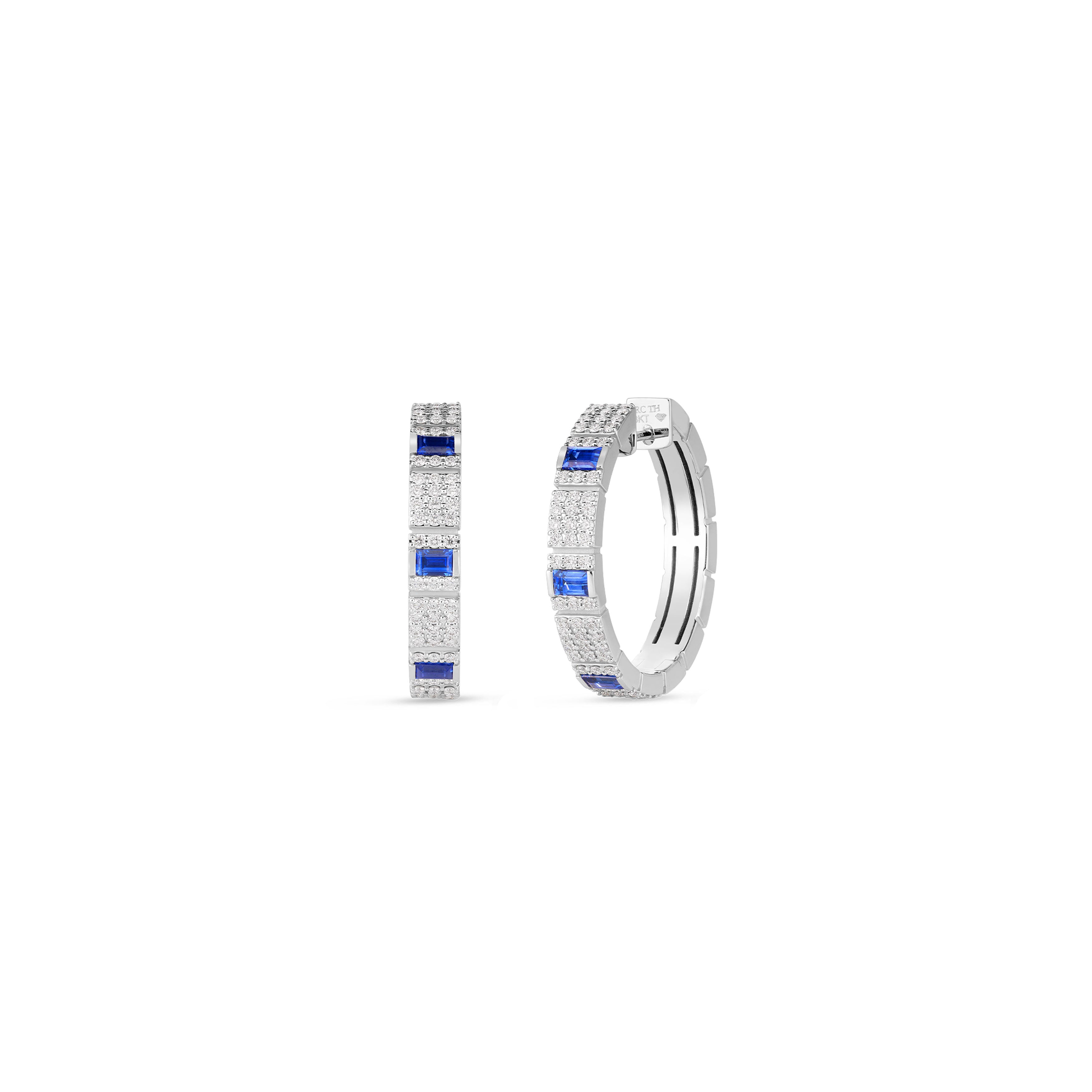 Roberto Coin 18K WHITE GOLD OBELISCO DIAMOND AND BLUE SAPPHIRE HOOP EARRINGS