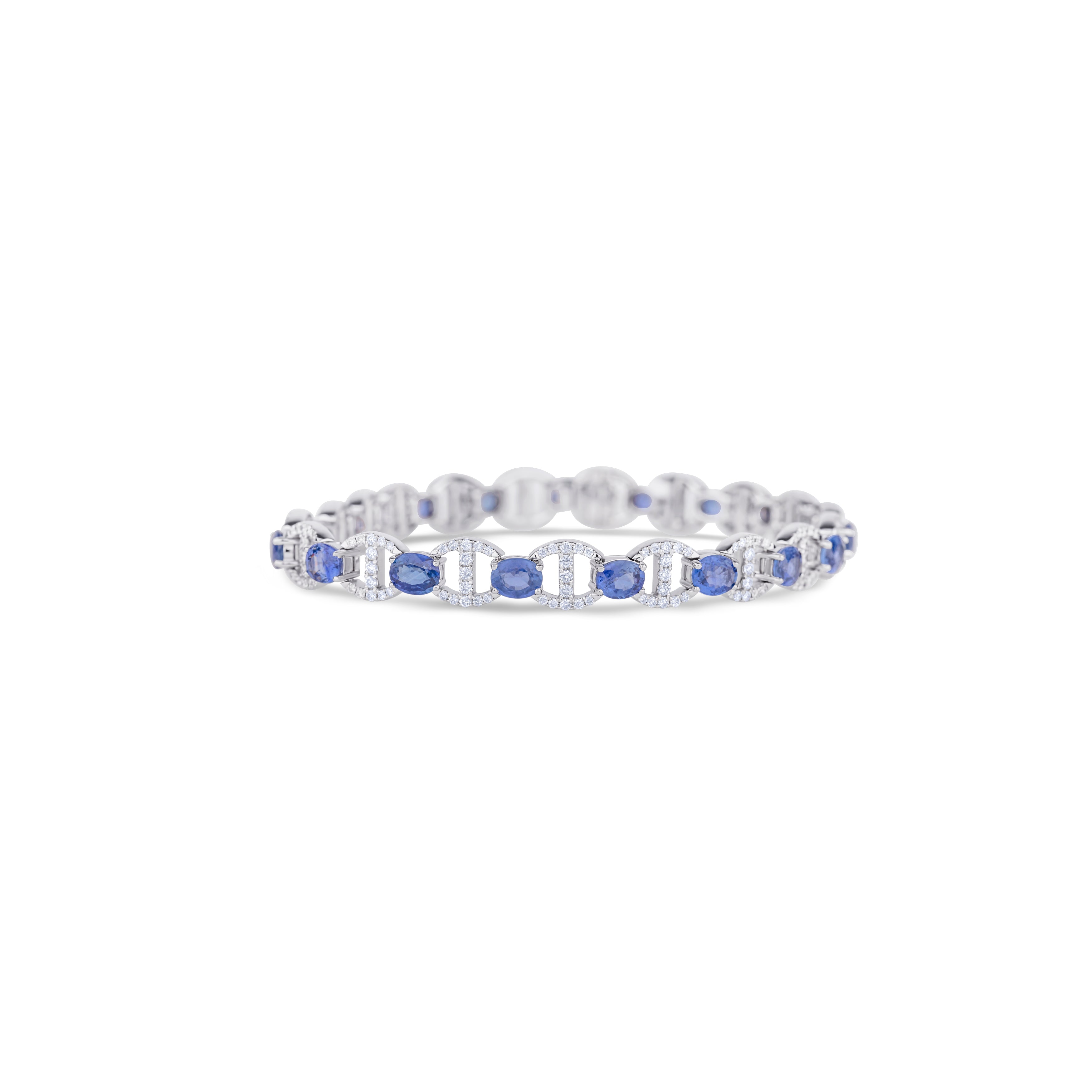 18K White Gold Blue Sapphire and Round Cut Diamond Bracelet