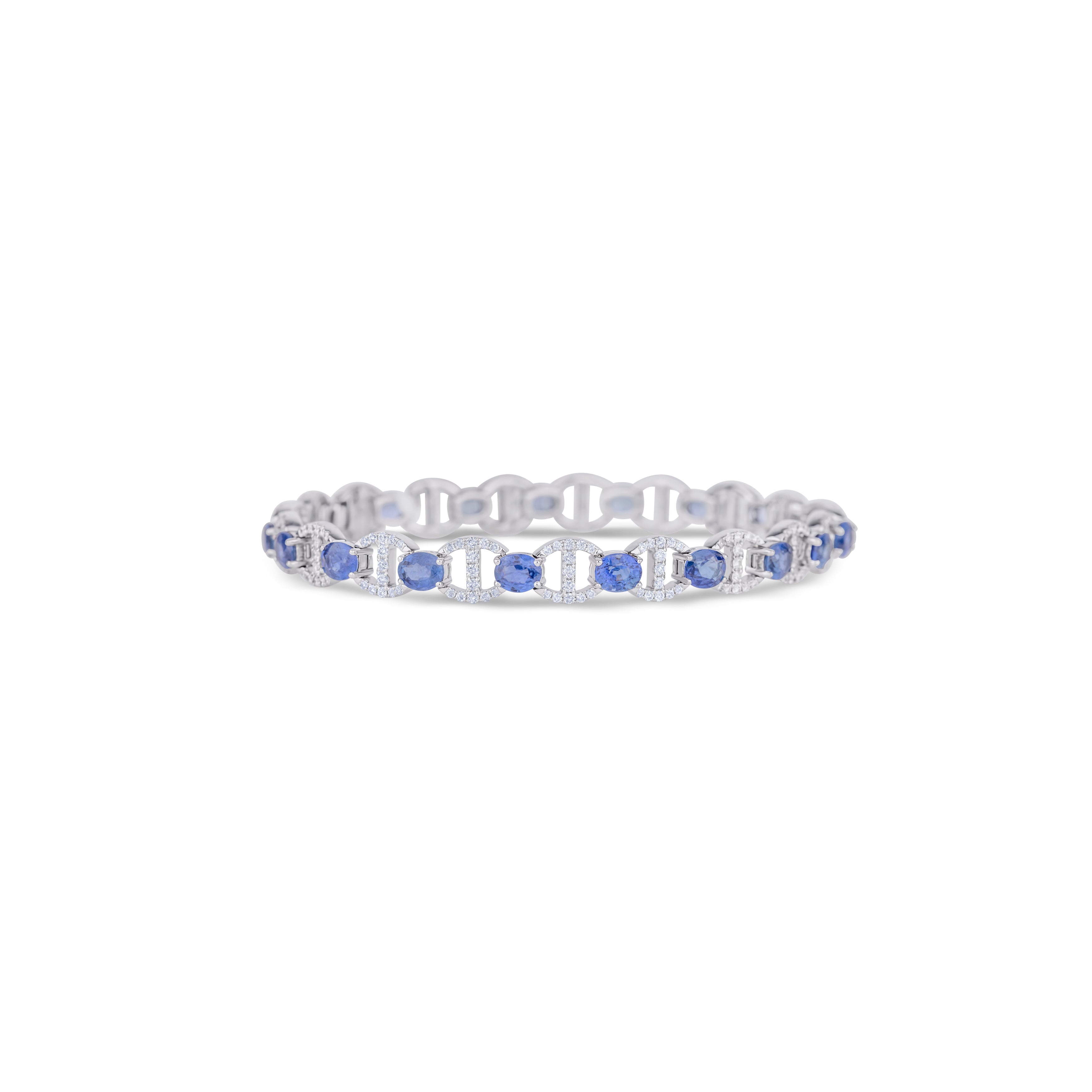 18K White Gold Blue Sapphire and Round Cut Diamond Bracelet