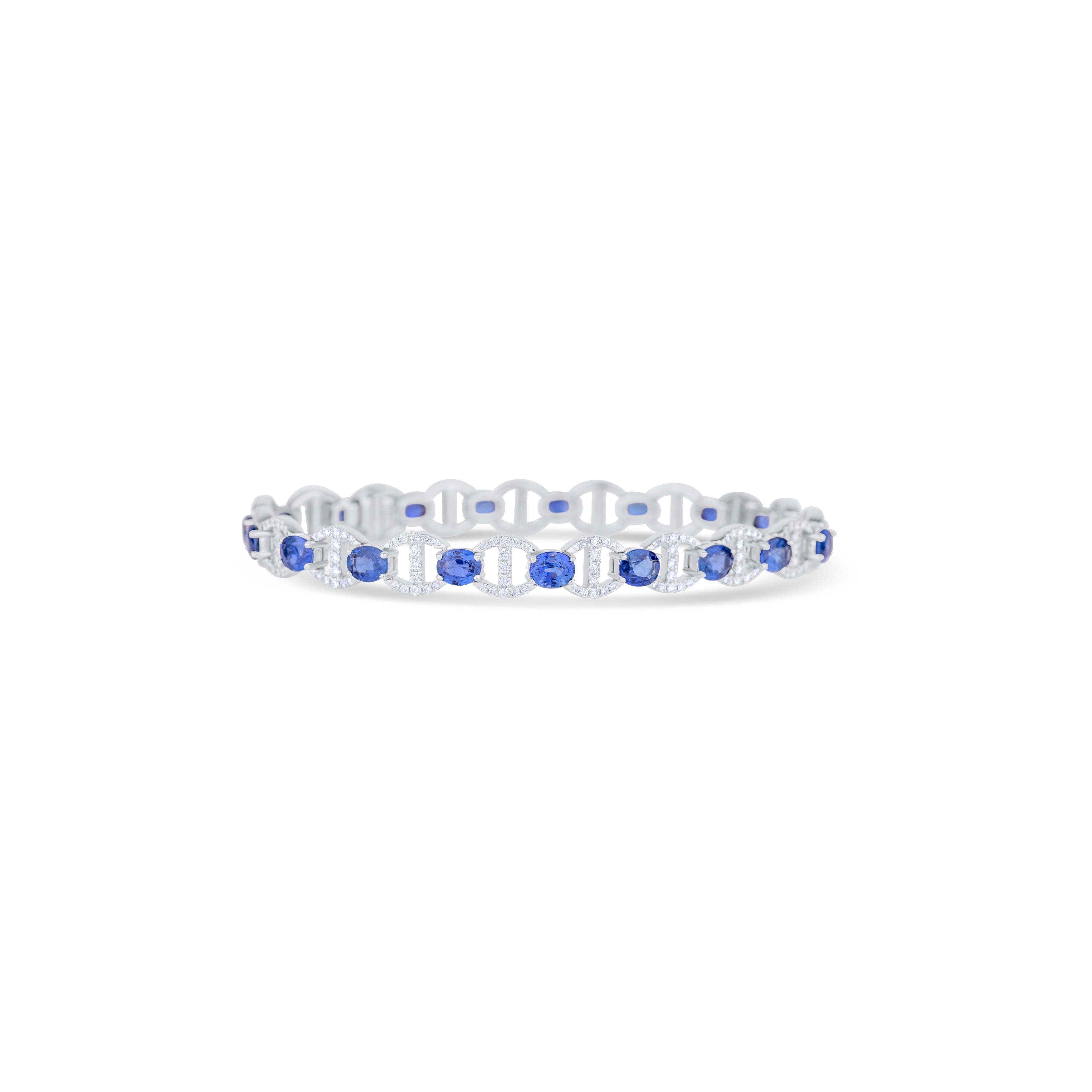 18K White Gold Blue Sapphire and Round Cut Diamond Bracelet