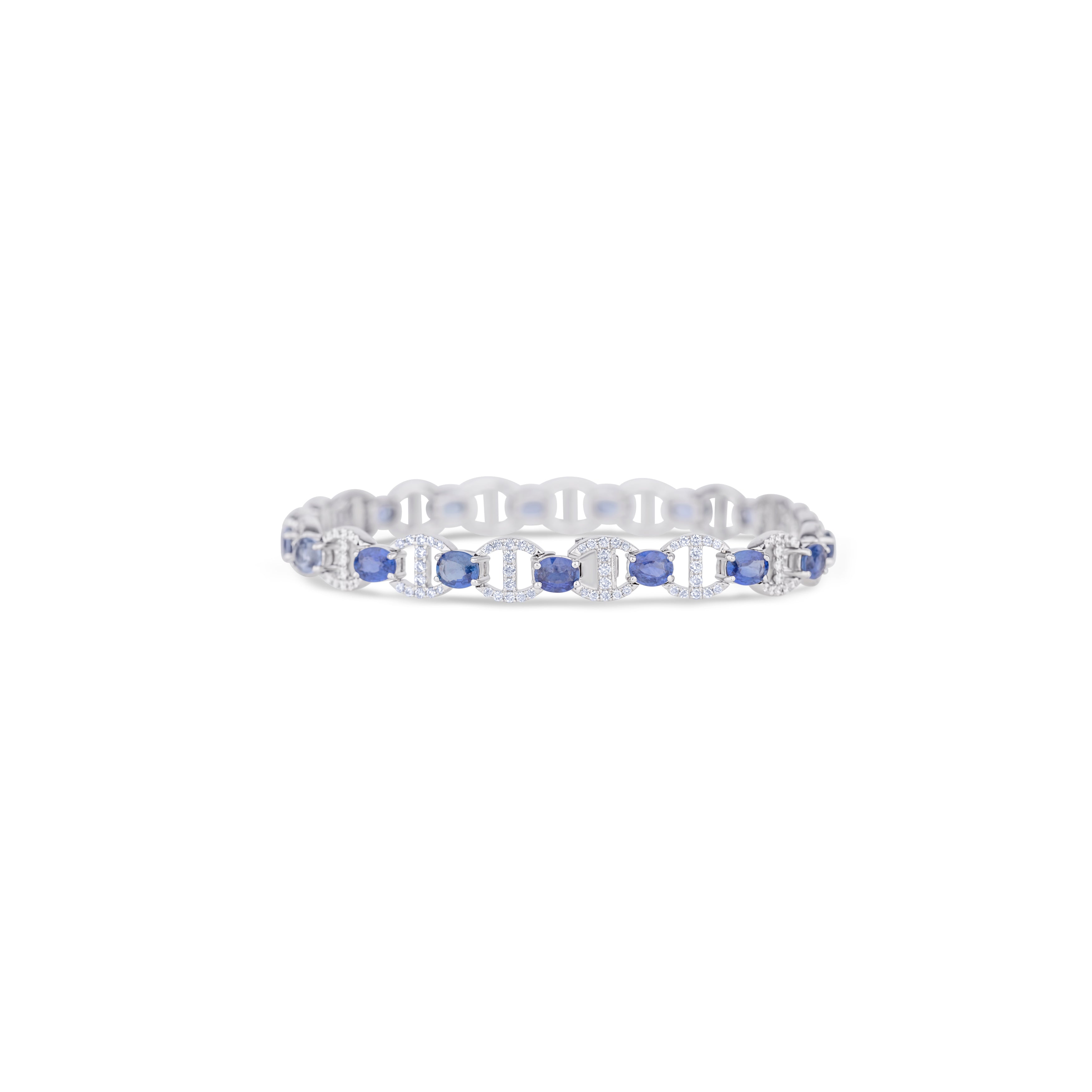 18K White Gold Blue Sapphire and Round Cut Diamond Bracelet