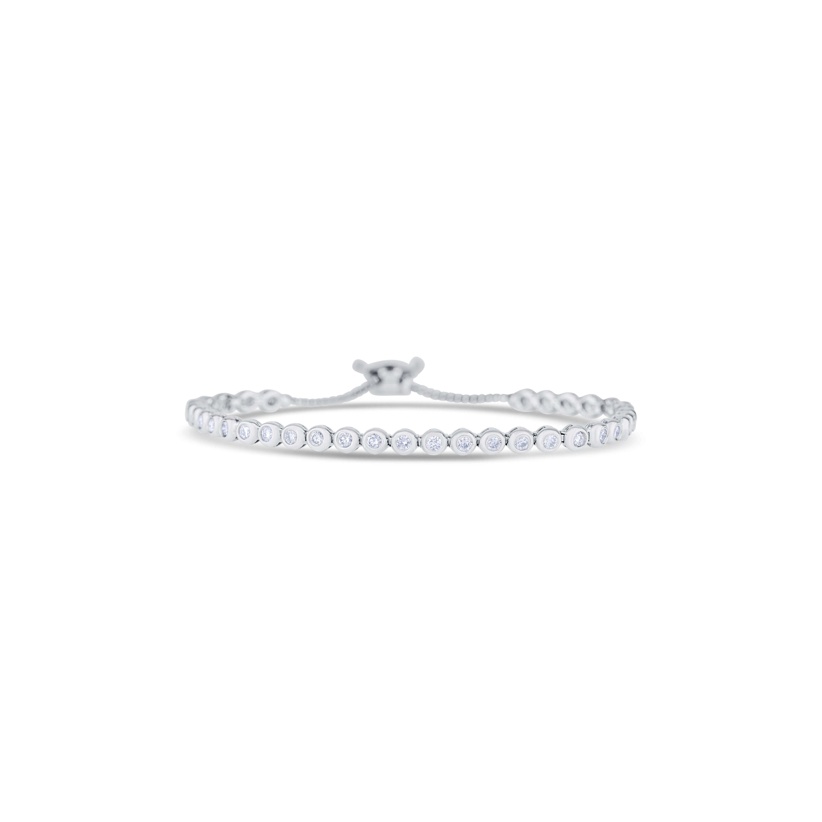 14K White Gold Round Cut Bezel Set Diamond Adjustable Bracelet