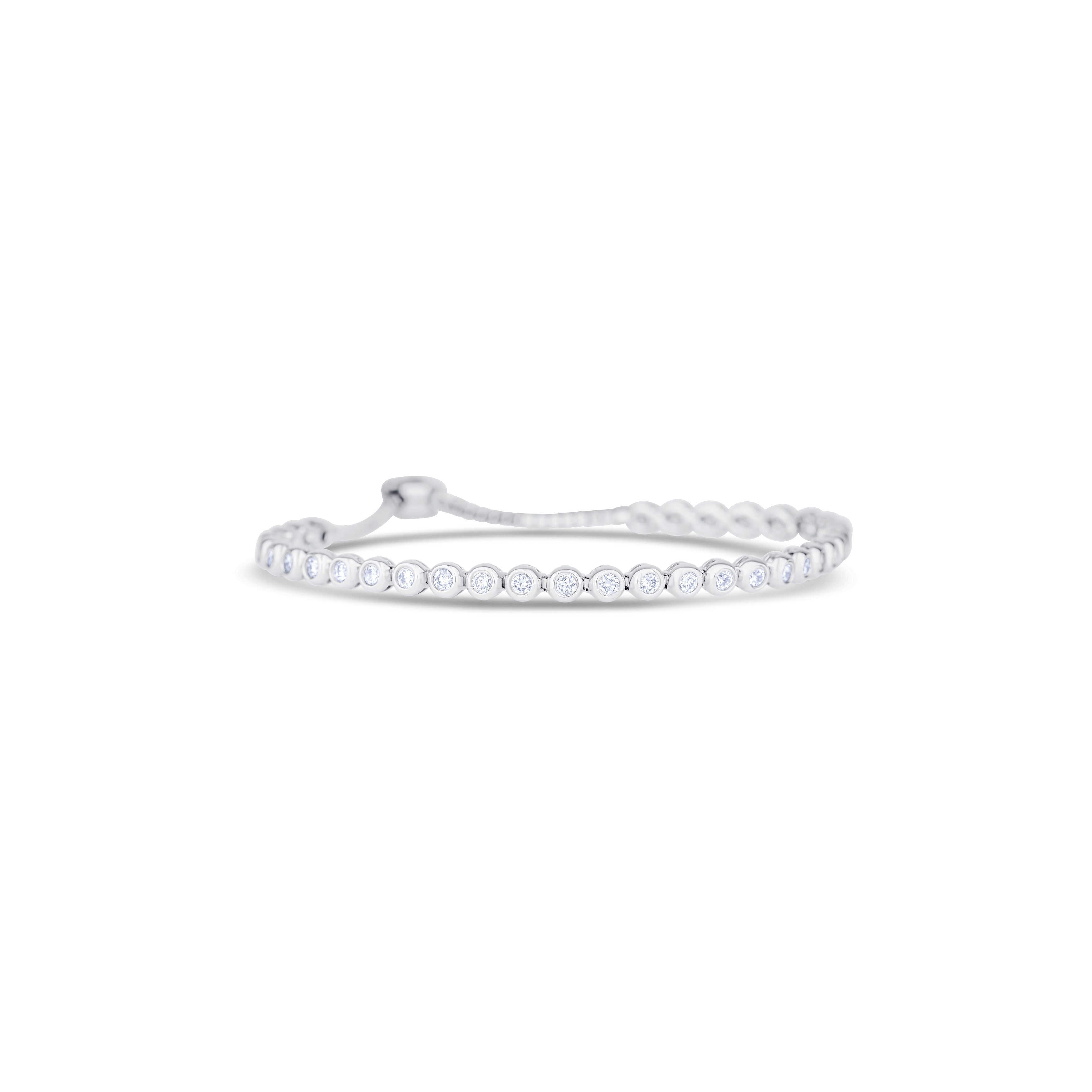 14K White Gold Round Cut Bezel Set Diamond Adjustable Bracelet