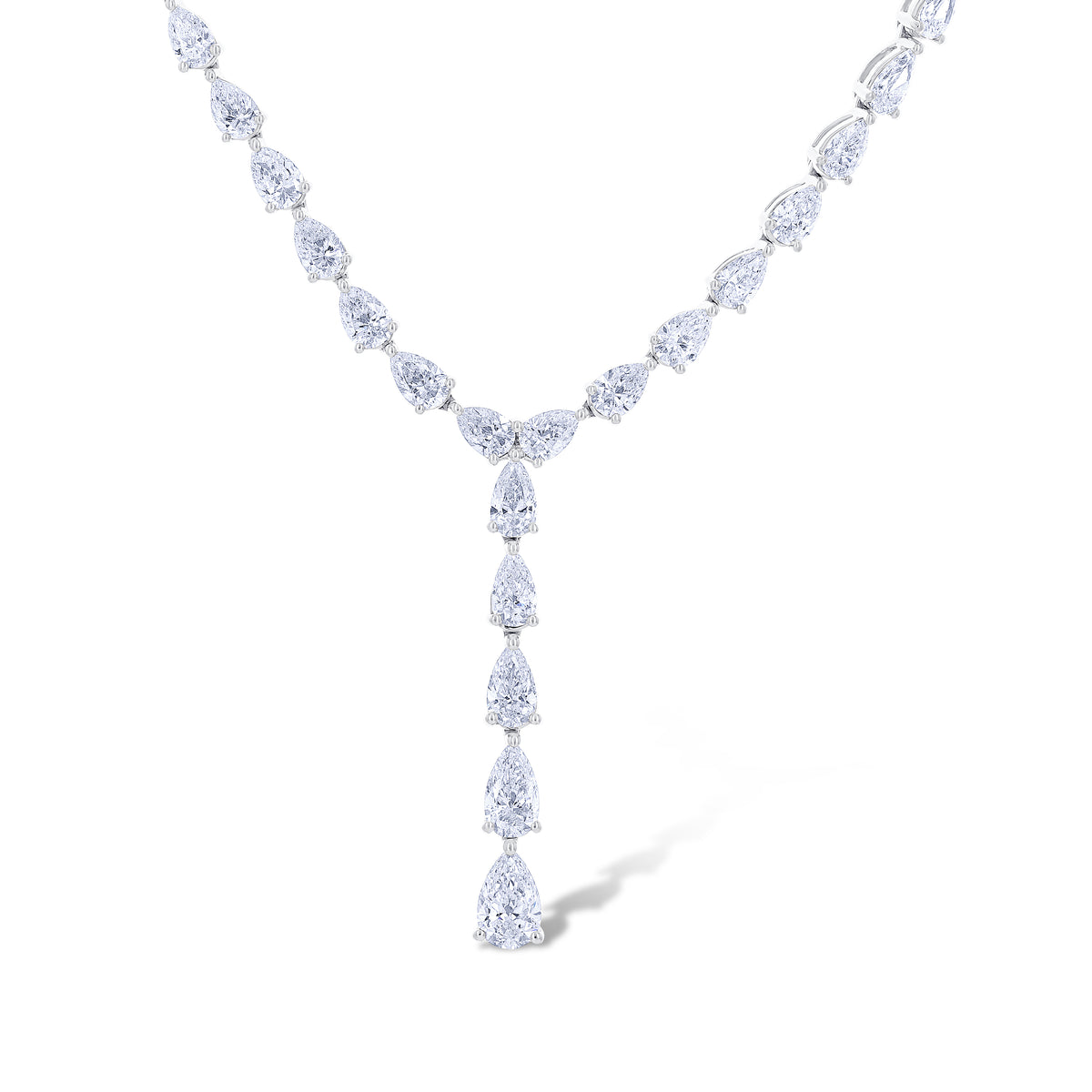 18K White Gold Pear Cut Diamond Tennis Drop Necklace
