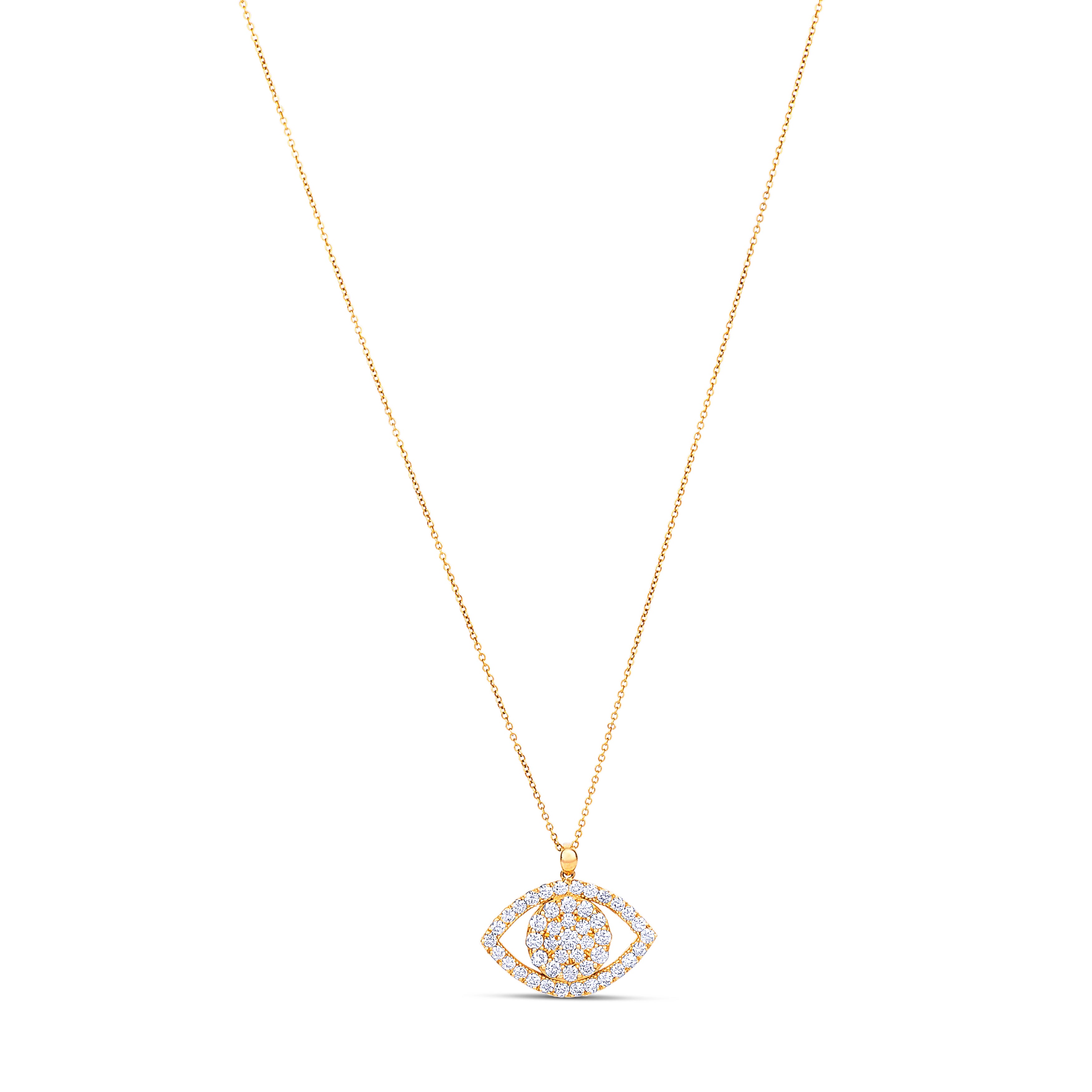 14K Yellow Gold Round Cut Diamonds Evil Eye Pendant Necklace